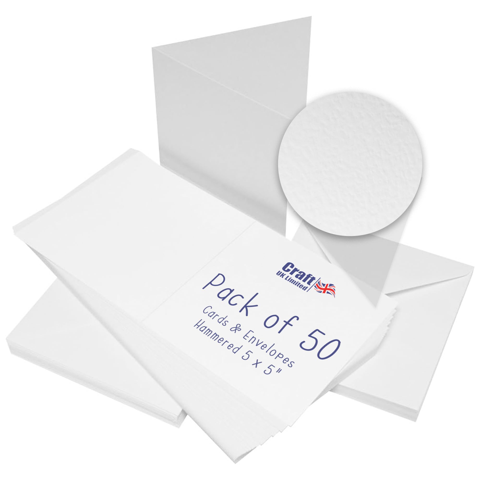 Craft UK Hammered Card Stock Pack - 50 Count 5x5 Inch White Cards & Envelopes | 300 GSM 1
