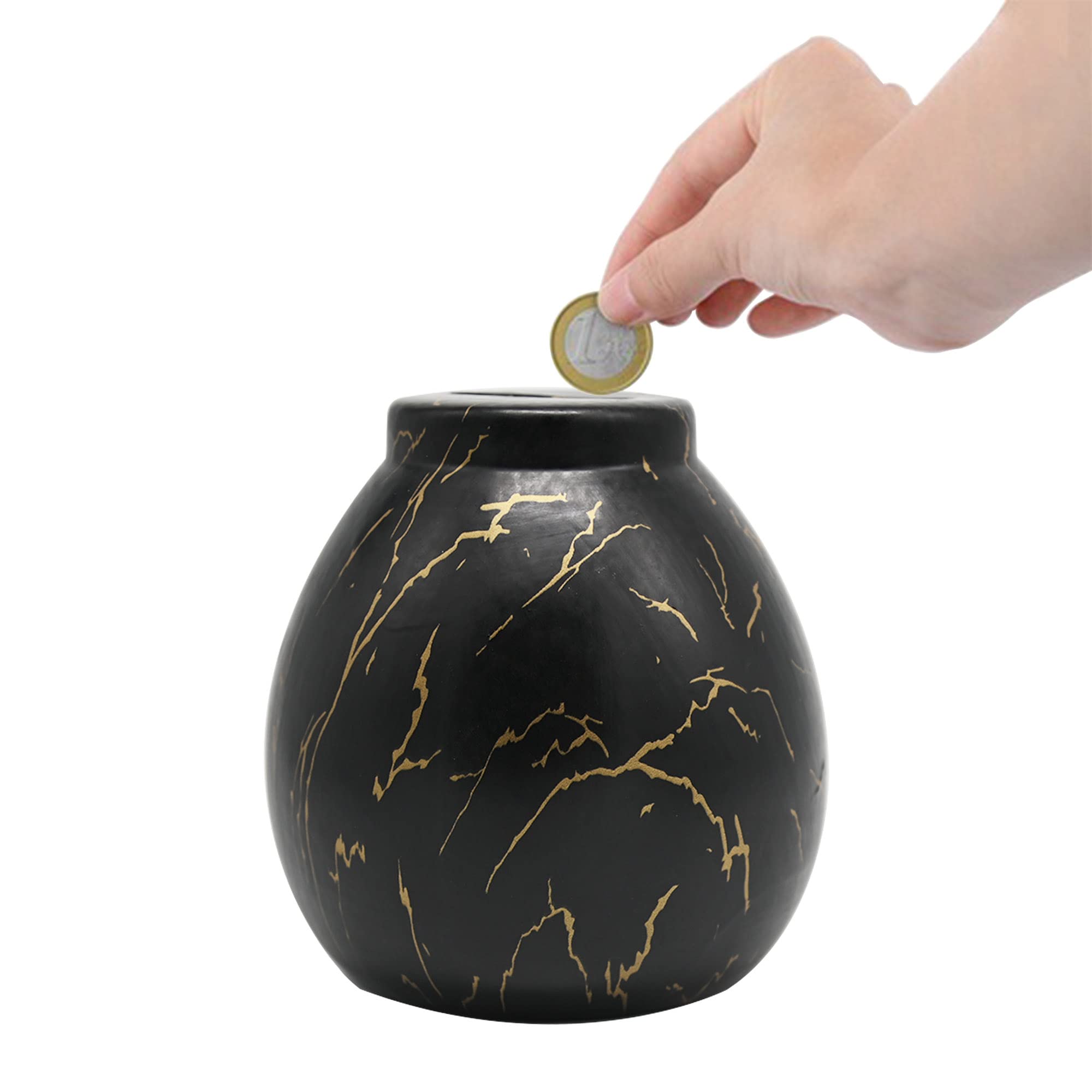 Ram ONLINE Ceramic Money Pot - Black Marble Effect Savings Piggy Bank | Smash to Open | 14cm Cube 1