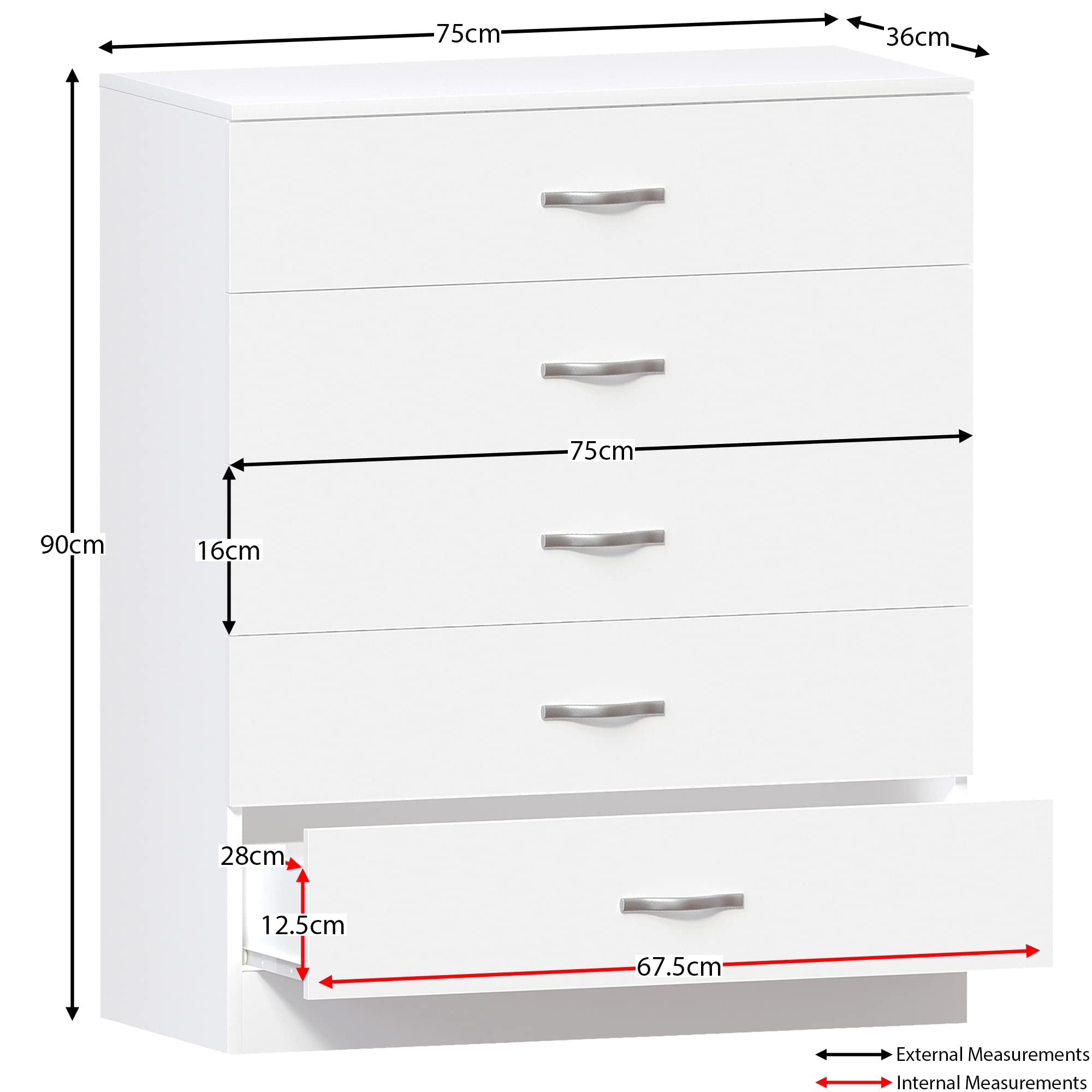 Vida Designs Riano 5 Drawer Chest of Drawers - White | Engineered Wood | 75W x 36D cm 3
