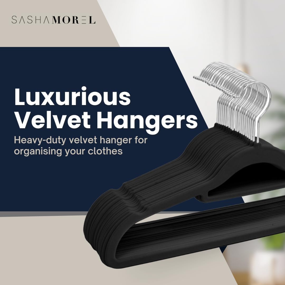 Sasha Morel Velvet Coat Hangers - 20 Pack, Space Saving, Anti-Slip, Black | ABS Material 4
