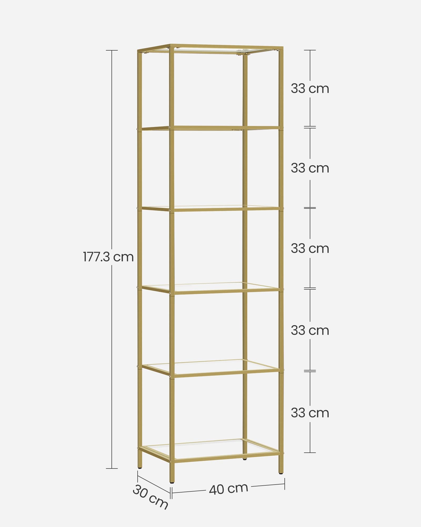 VASAGLE 6-Tier Glass Shelf Bookcase - Thin Steel Frame, Gold Finish | 30x40cm Footprint | 10kg/Shelf Capacity 3