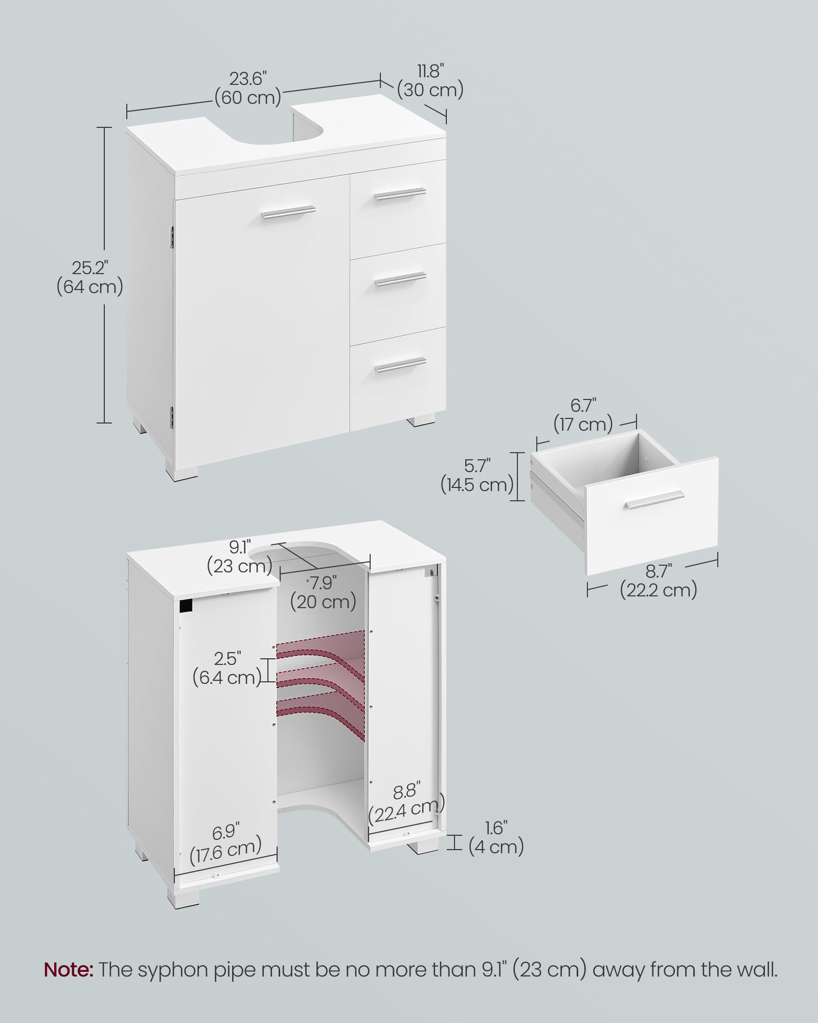 VASAGLE Under Sink Bathroom Cabinet - Cloud White | 3 Drawers | Adjustable Shelf | MDF/Particleboard 3