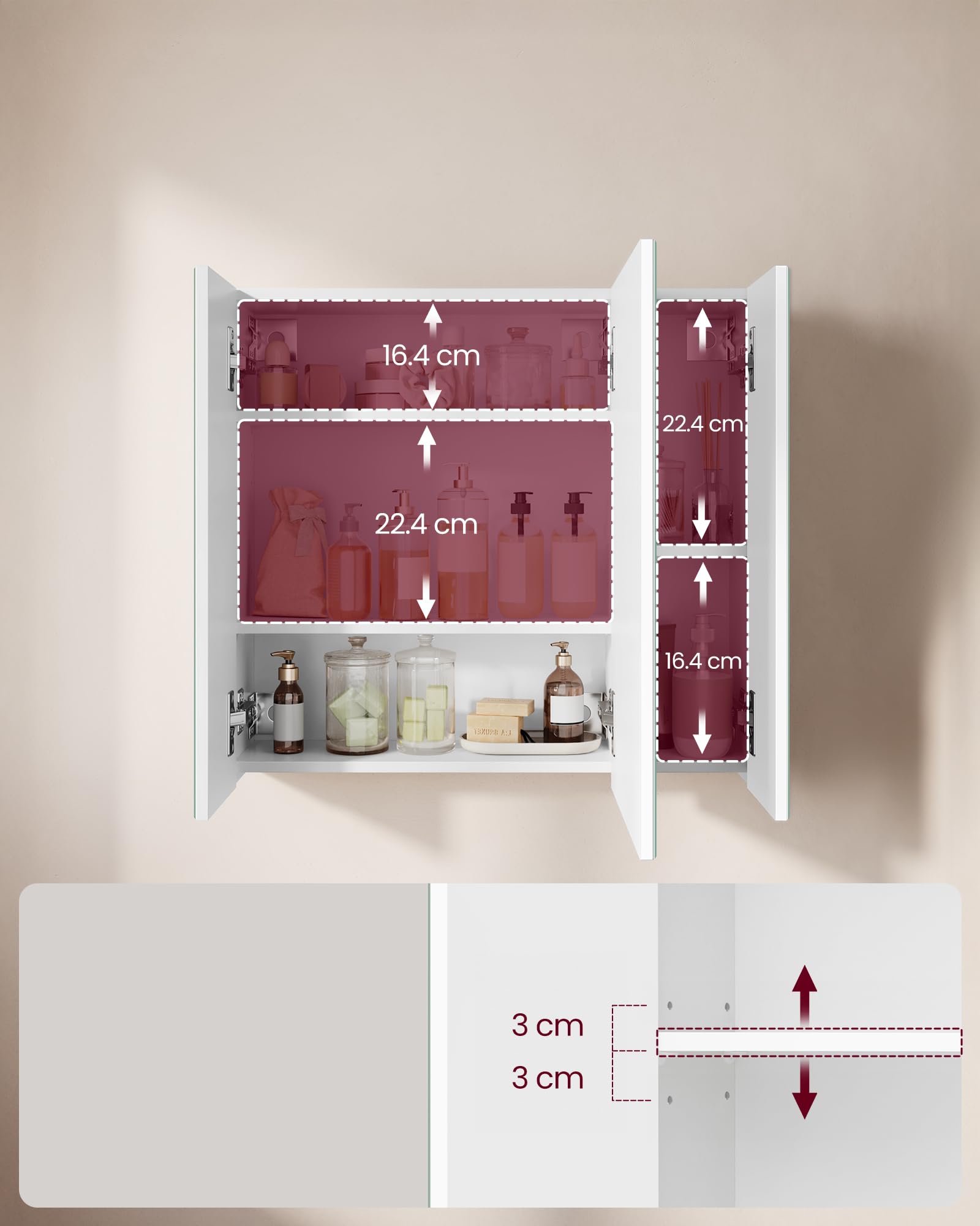 VASAGLE BBK22WT Bathroom Wall Cabinet with Mirror - 3 Door Storage Unit, White, 60W cm 5
