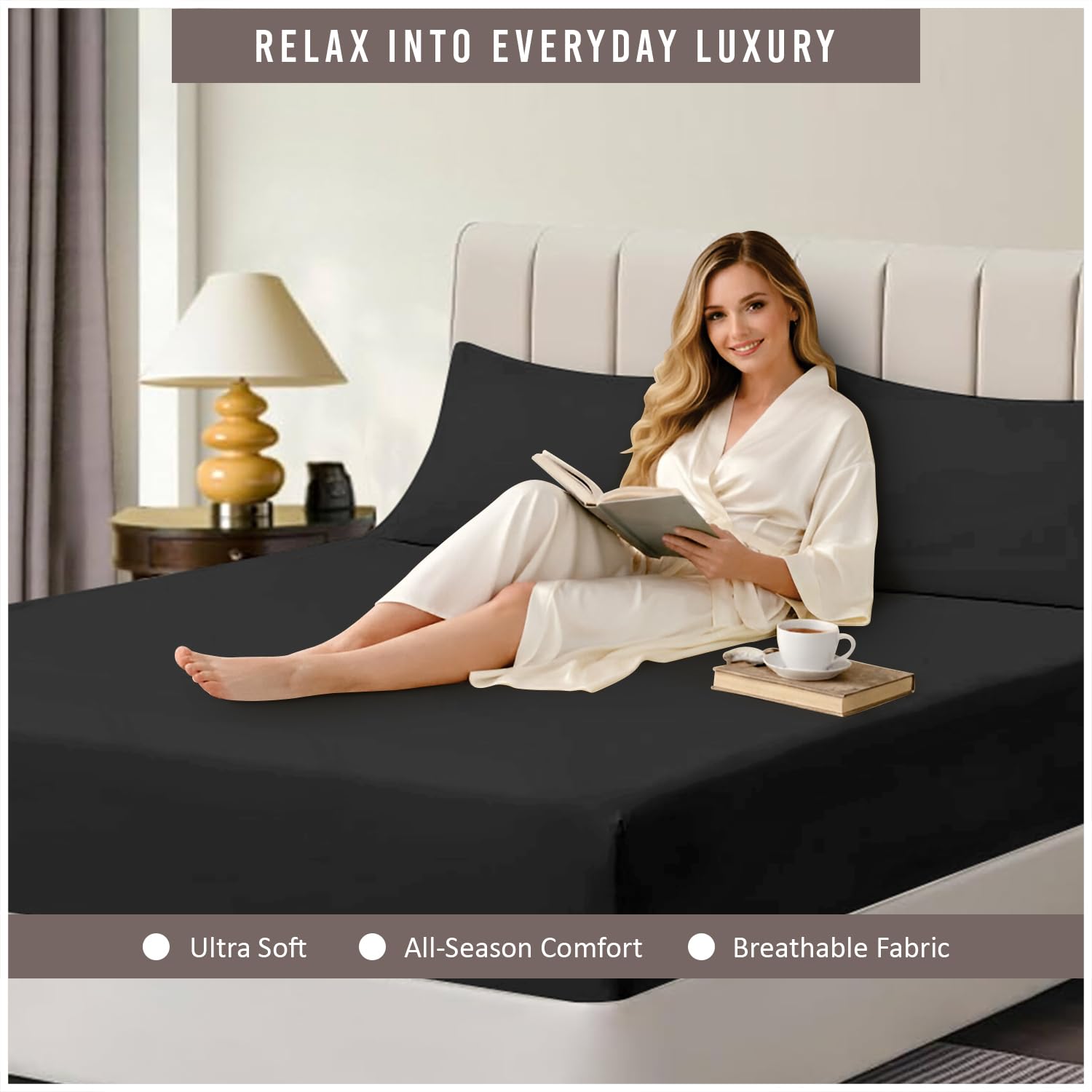 Super Dreamer Microfiber Fitted Sheet - Double Size, Black, 100% Polyester | Fits up to 25cm Deep 2