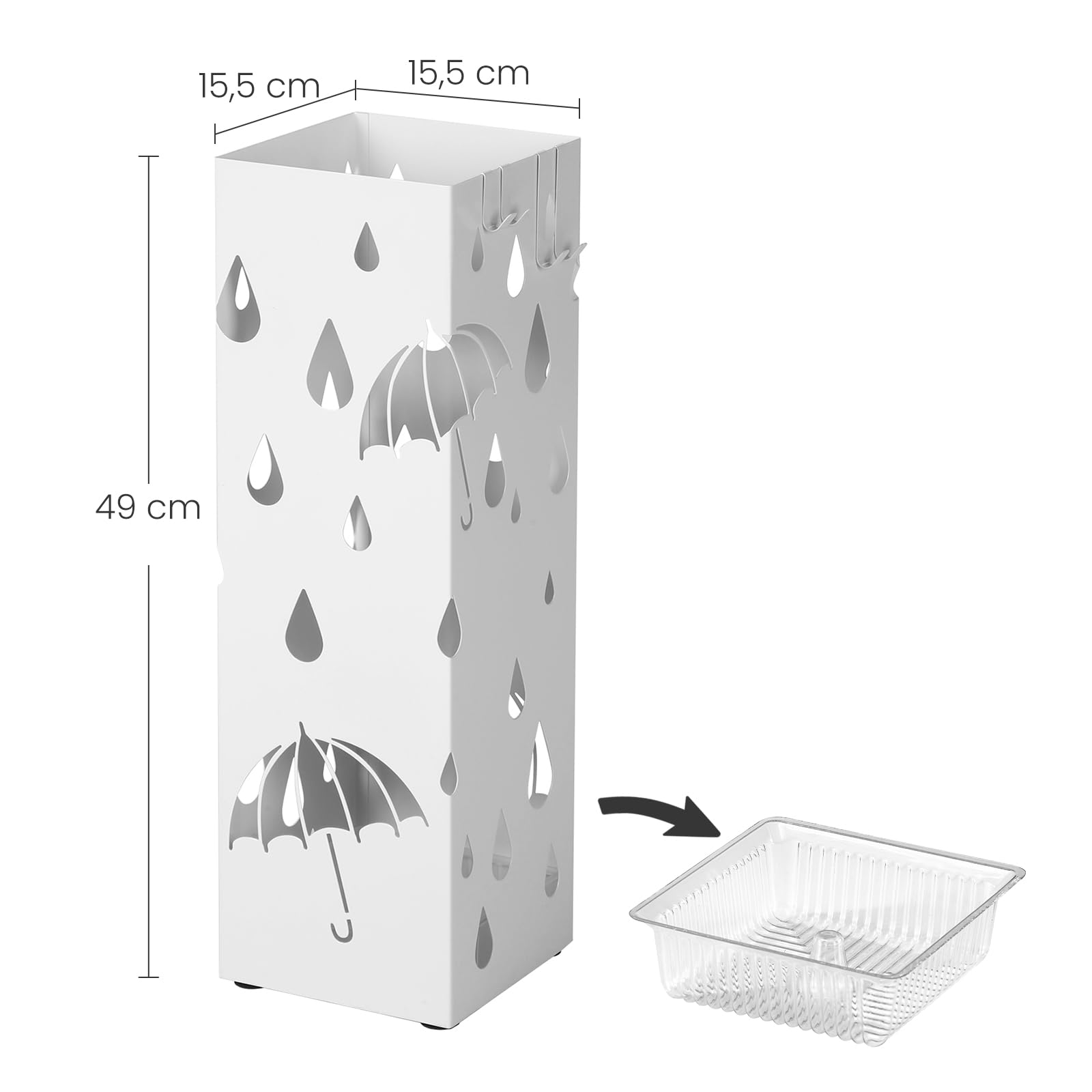 SONGMICS Metal Umbrella Stand - Square Holder with Drip Tray & 4 Hooks | White Stainless Steel 5