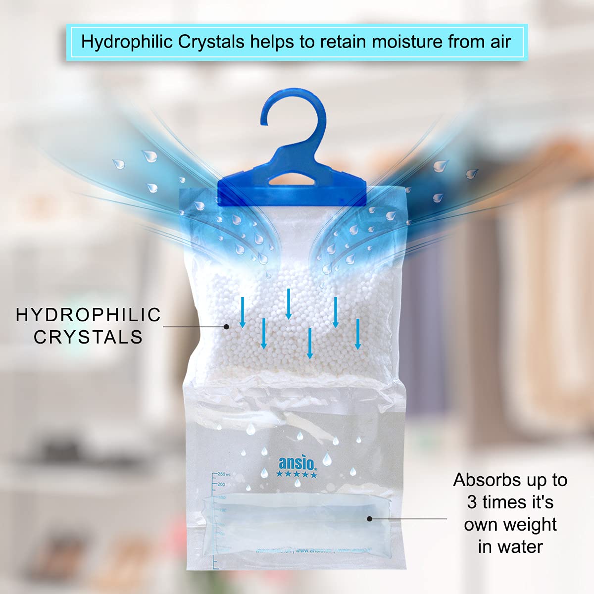 ANSIO Wardrobe Dehumidifier Disposable Hanging Bags - Pack of 6 | Absorbs Damp & Condensation 3