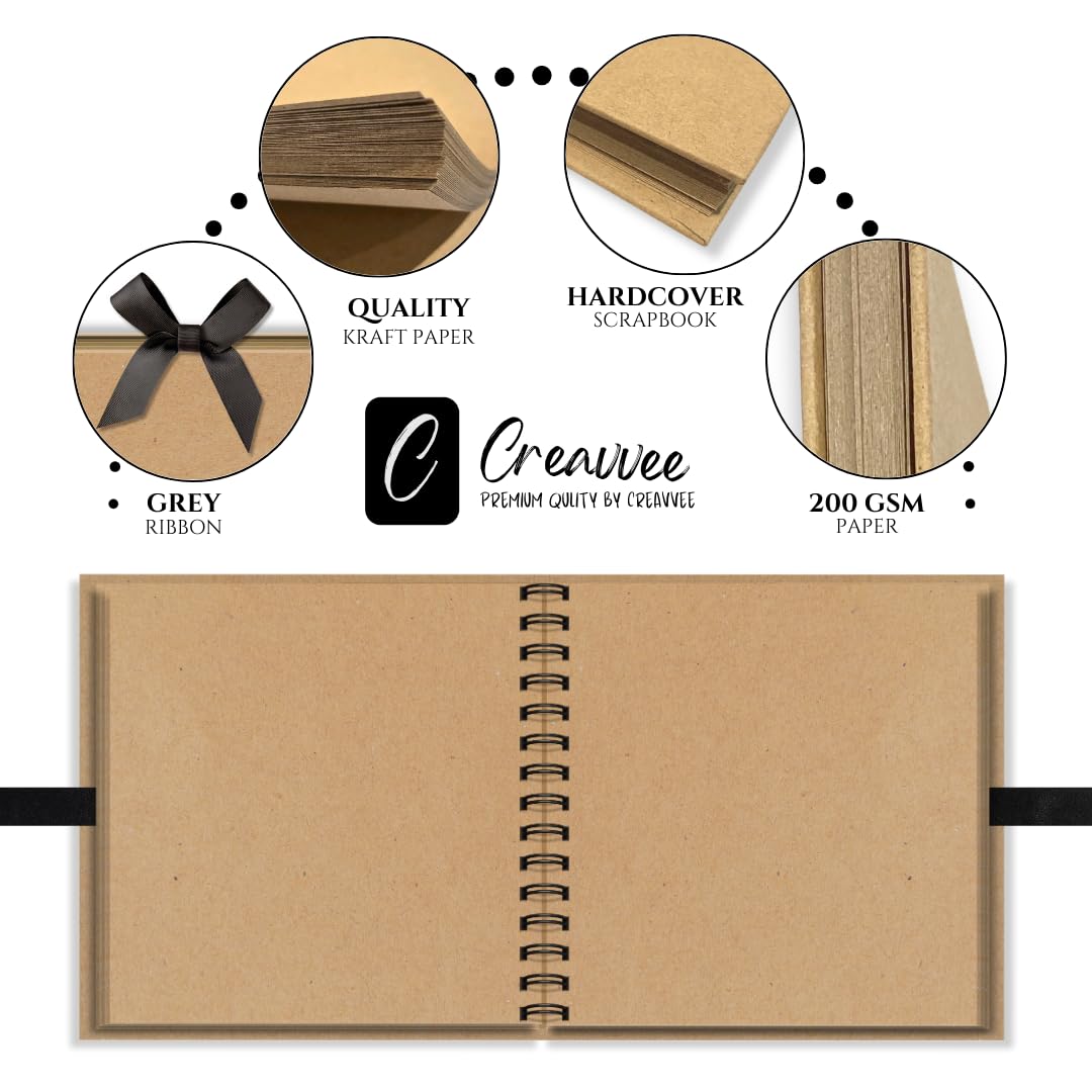 Creavvee Kraft Paper Scrapbook Album - Spiral-Bound, 20x20 cm, 100 Pages | Brown 3