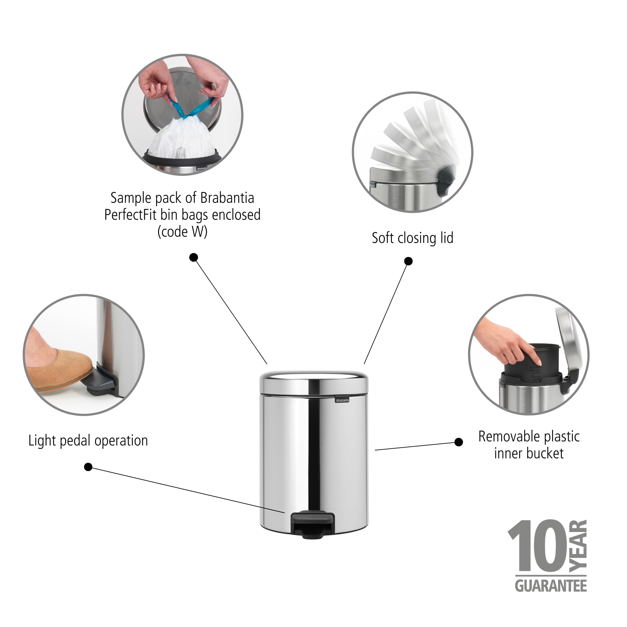 Brabantia NewIcon Pedal Bin - 5 L Capacity | Brilliant Steel Finish | Corrosion Resistant 2
