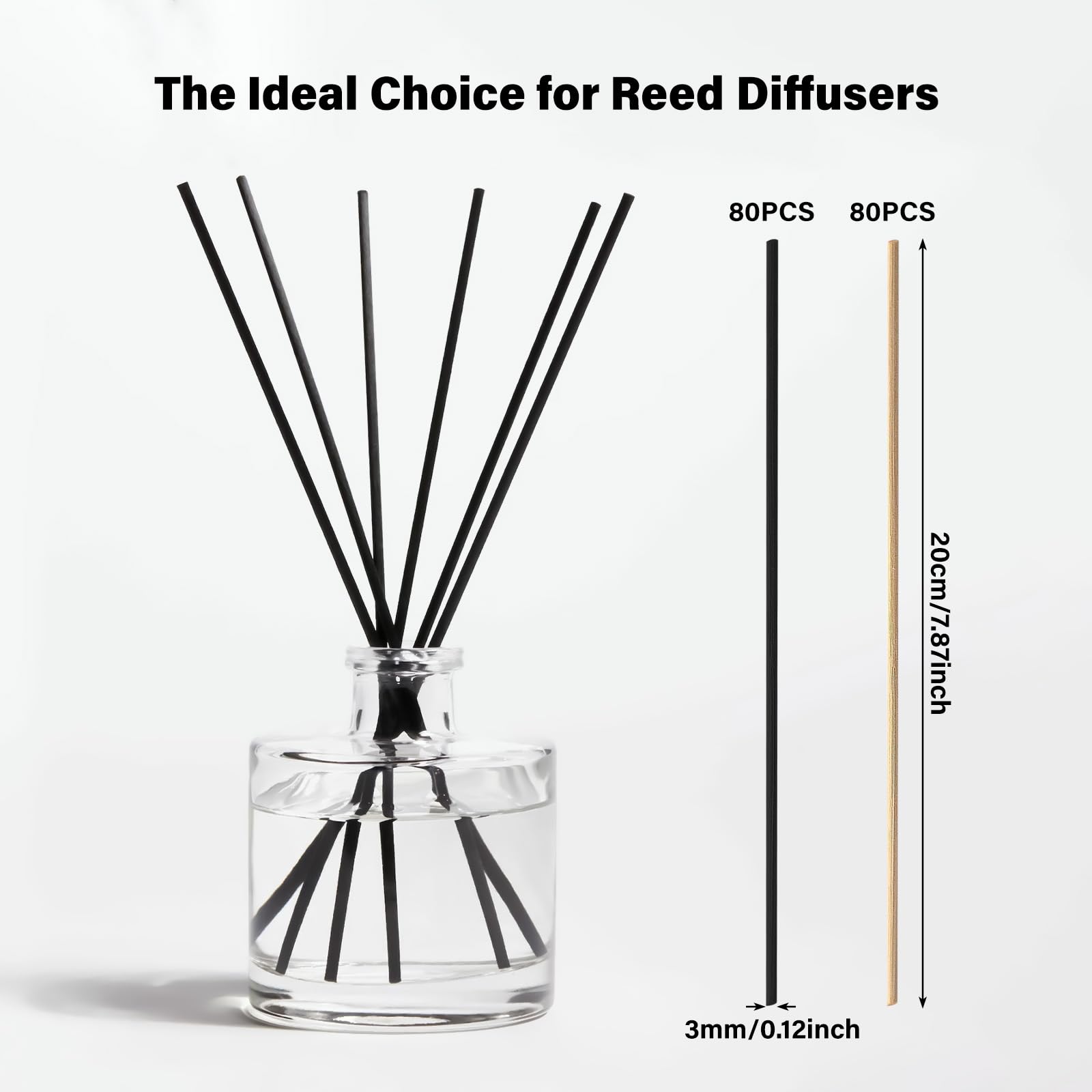 Admygo 160pc Reed Diffuser Sticks - 7.8 Inch Thick Rattan for Essential Oil Diffusion | Black/Natural Mix