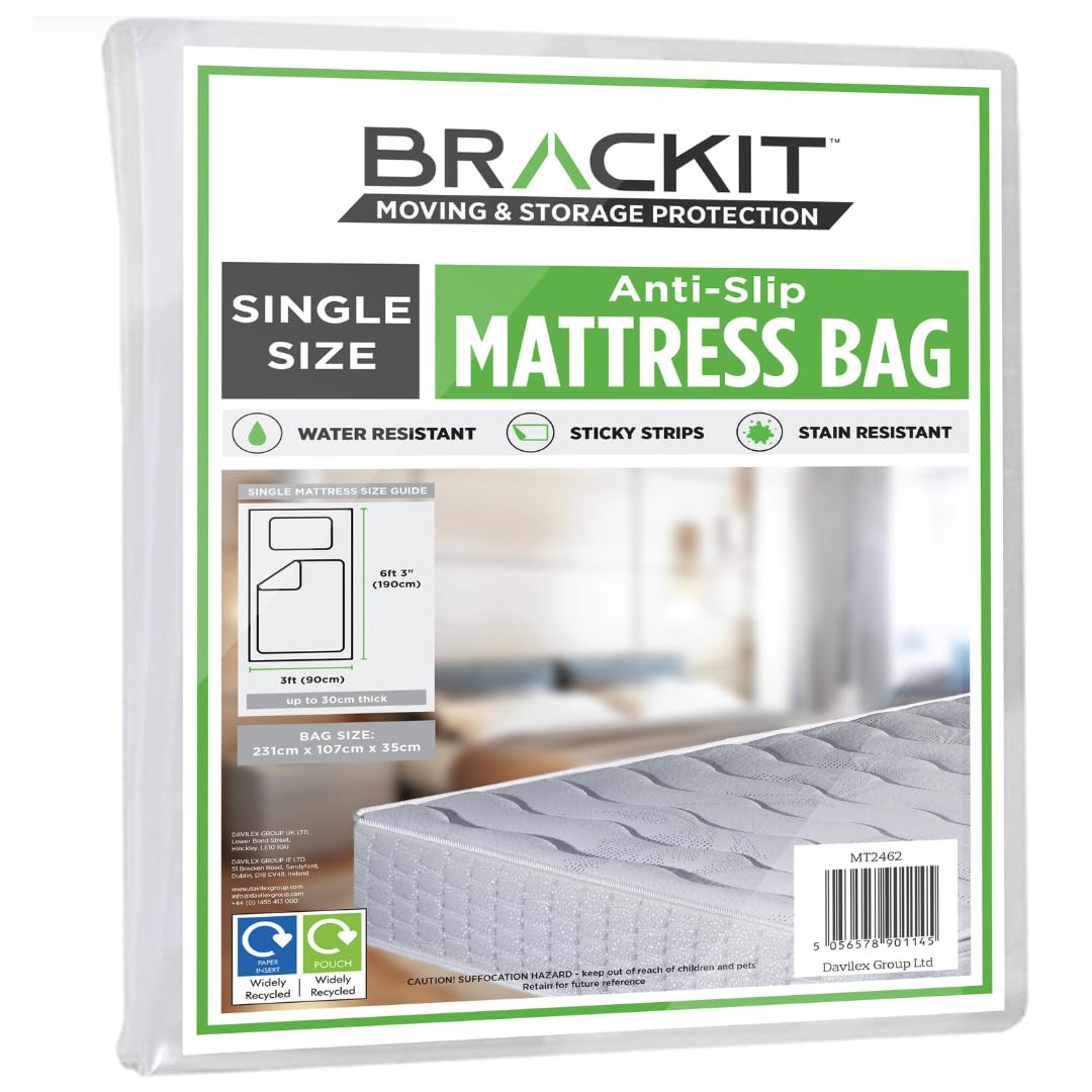 brackit Single Size Mattress Bag for Moving, Storage, and Transport | Waterproof | Self-Adhesive Seal