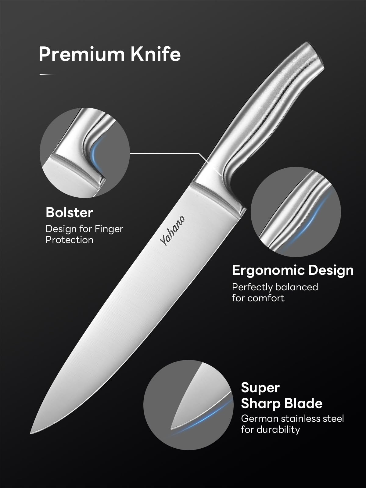Yabano 7 Piece Kitchen Knife Set with Block | German Stainless Steel | Full-Tang 3