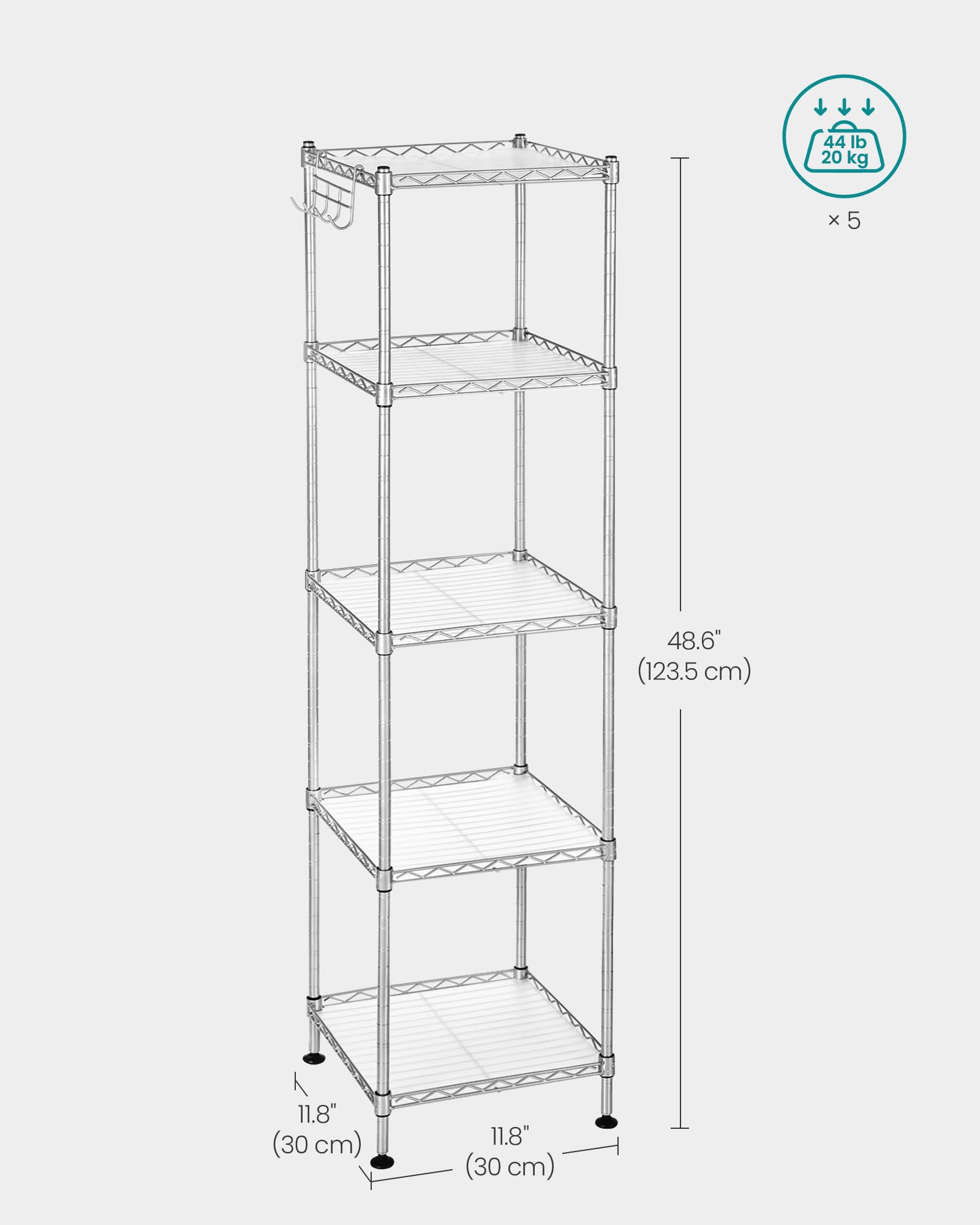 SONGMICS Bathroom Shelf - 5-Tier Metal Storage Rack | 20kg/Shelf Load | Adjustable Height 7
