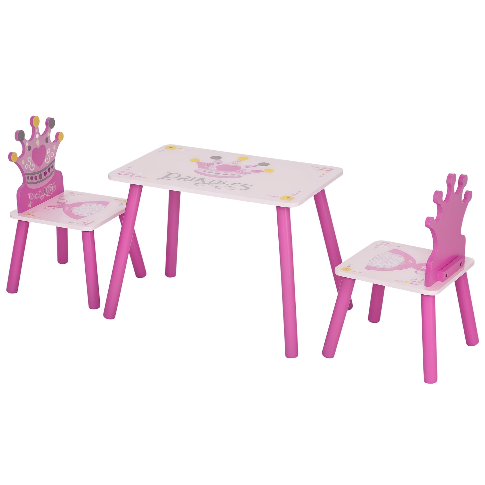 HOMCOM 3 Pc Kids Table and Chair Set - Princess & Crown Theme | MDF & Pine Wood | Pink