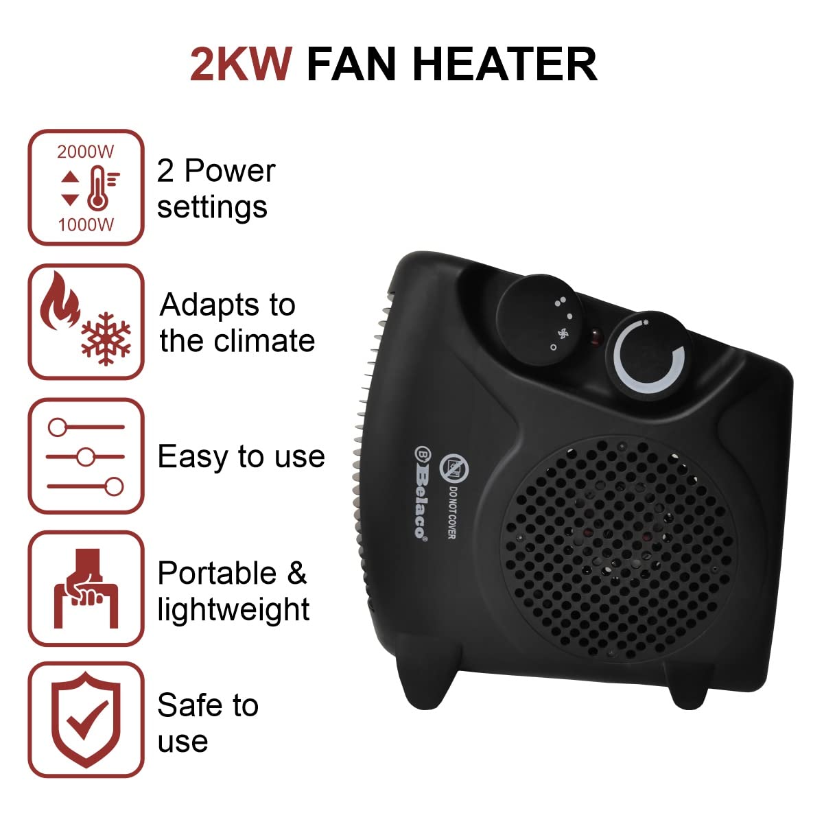 Belaco BFH22 Portable Electric Fan Heater - 1000W/2000W, 2 Heat Settings, Adjustable Thermostat | Black 3