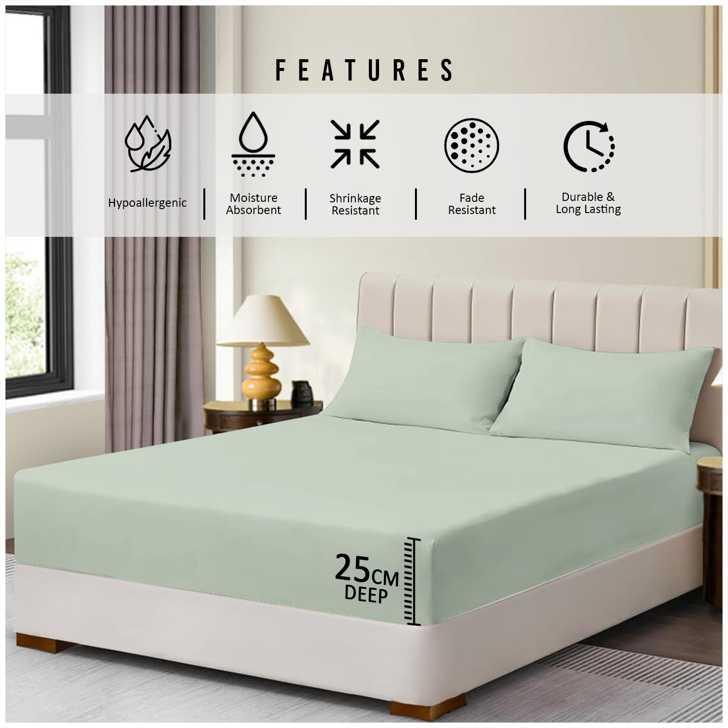Super Dreamer Microfiber Fitted Sheet - King Size, Sage Green, 25cm Deep Pocket 4