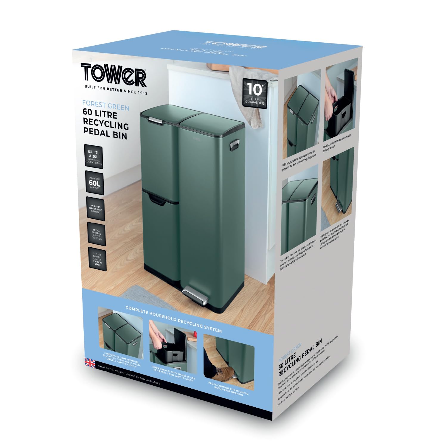 Tower Recycling Pedal Bin - 60L Capacity | 3 Compartments | Carbon Steel | Forest Green 8
