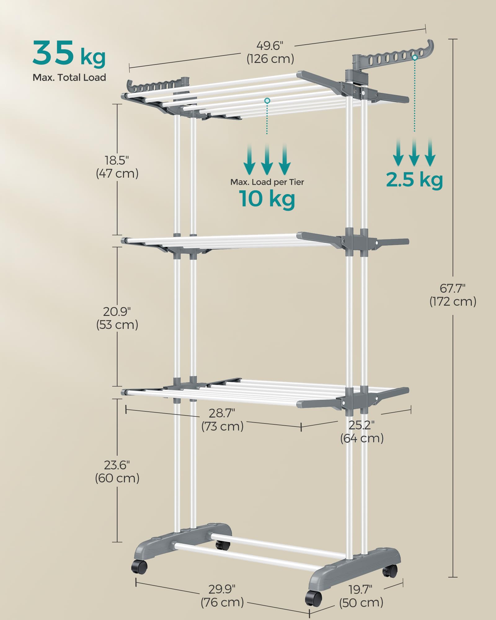 SONGMICS Large Clothes Drying Rack - 4-Tier Foldable Airer | 35kg Capacity | Stainless Steel & Plastic 7