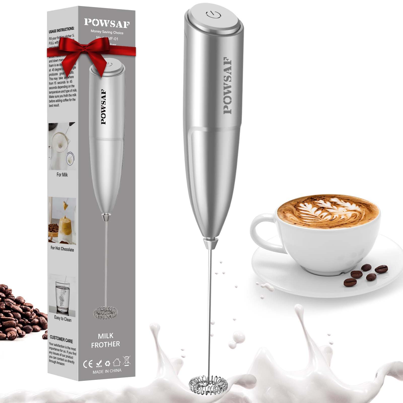 POWSAF Handheld Milk Frother - Creamy Froth in 10 Seconds | Battery Operated | Grey