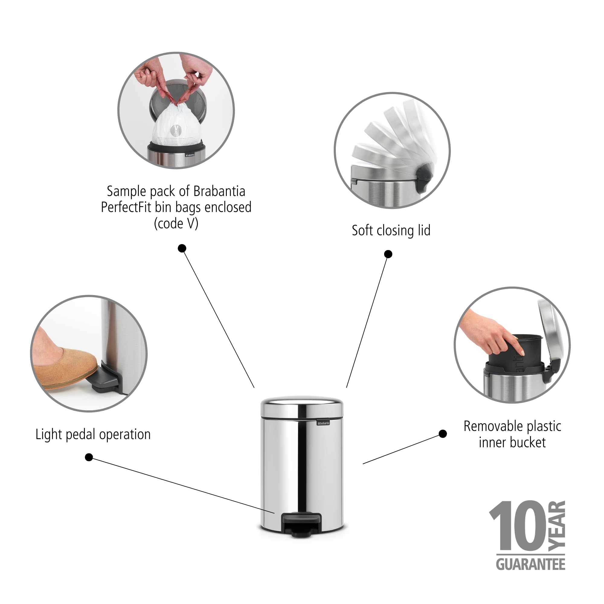 Brabantia NewIcon Pedal Bin - 3 L Capacity | Brilliant Steel Finish | Soft-Closure Lid 2