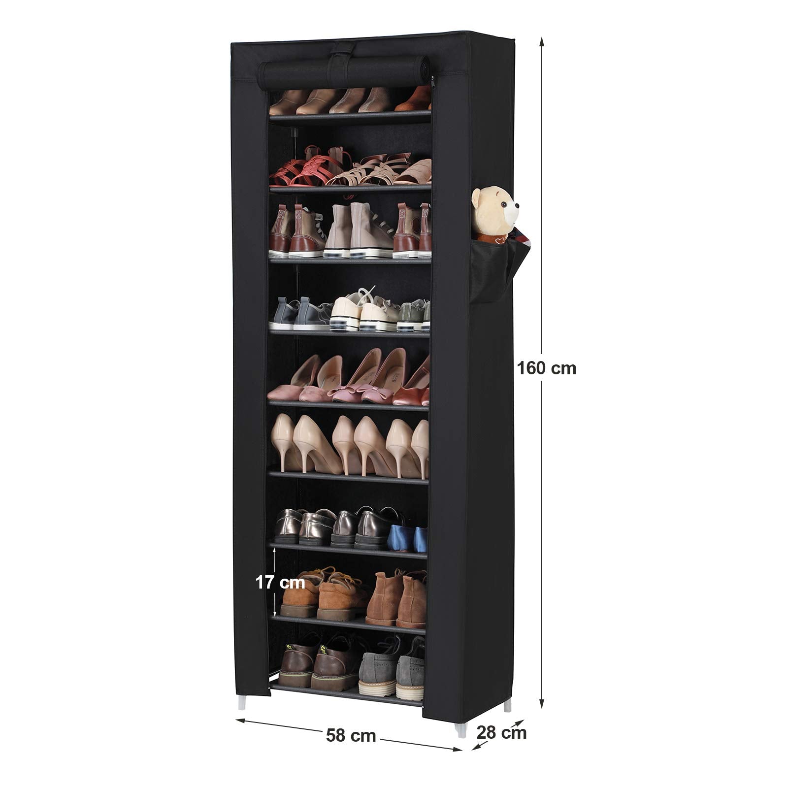 SONGMICS 10-Tier Shoe Rack with Dustproof Cover | 27-35 Pairs Capacity | 58 x 28 x 160 cm | Black 6