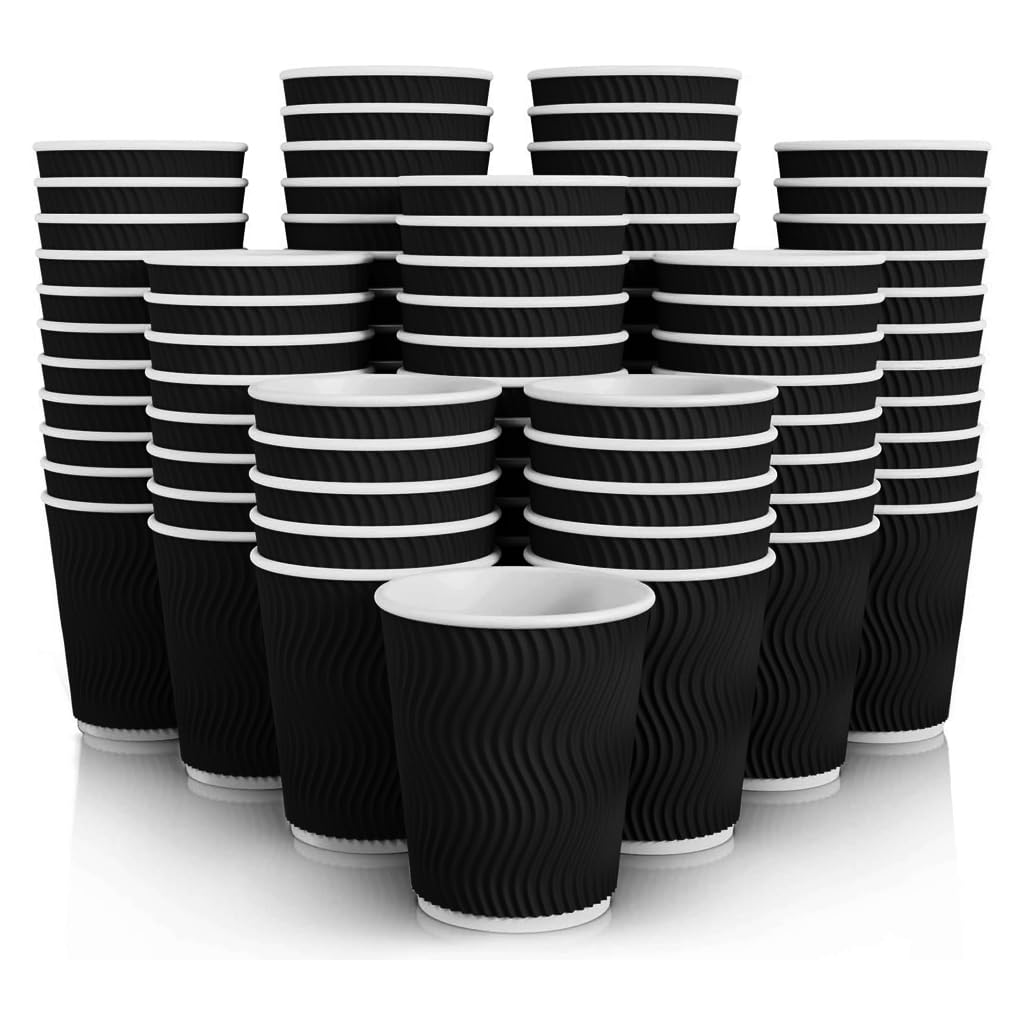 Zuvo Disposable Takeaway Coffee Cups - 12 OZ Black Ripple, 100 Count | Leak Proof | Non-Slip 9