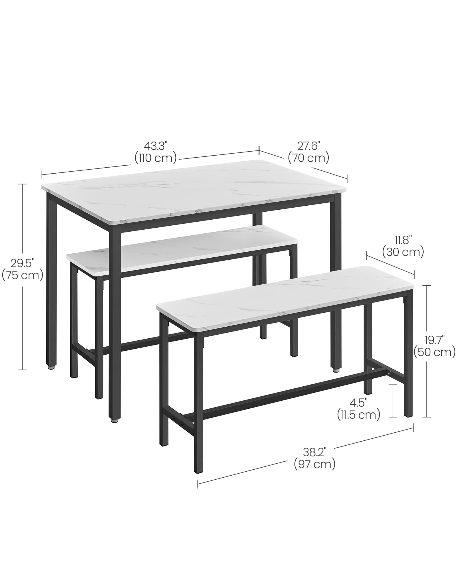 VASAGLE 3-Piece Dining Set with 2 Benches, Marble White & Ink Black | Steel Frame | 70x110cm Table 4
