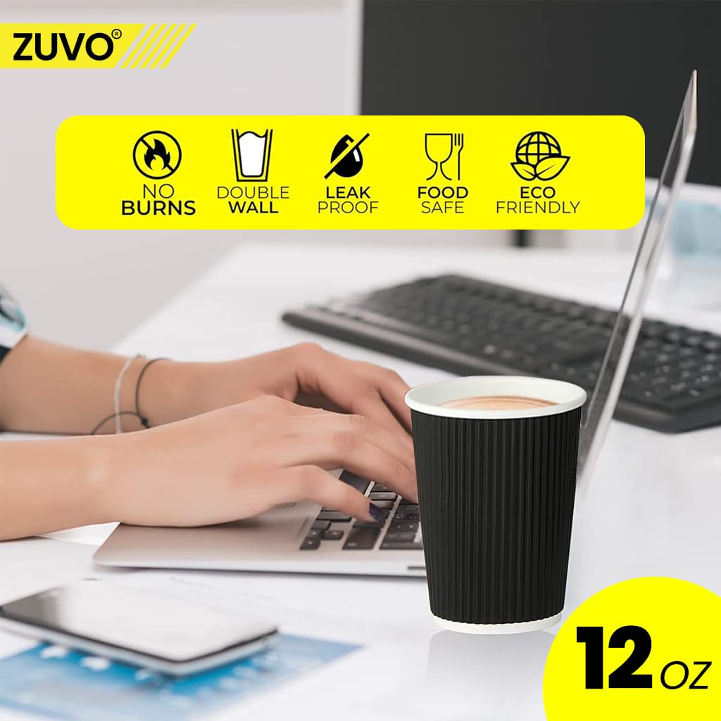 Zuvo Disposable Takeaway Coffee Cups - 12 OZ Black Ripple, 100 Count | Leak Proof | Non-Slip 4