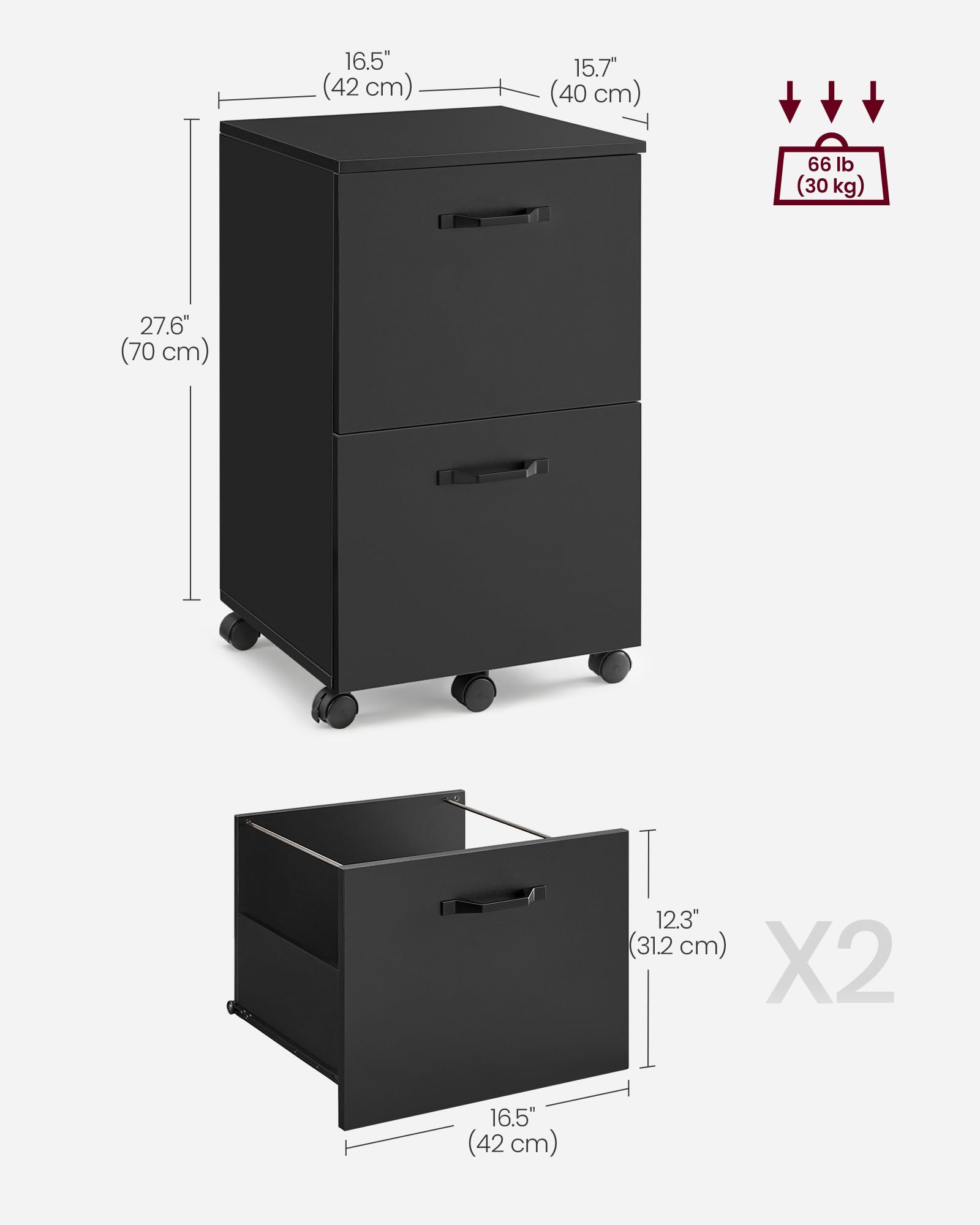 VASAGLE 2-Drawer Mobile File Cabinet - Rolling, Lockable, Printer Stand for A4/Letter Files | Matte Black 9