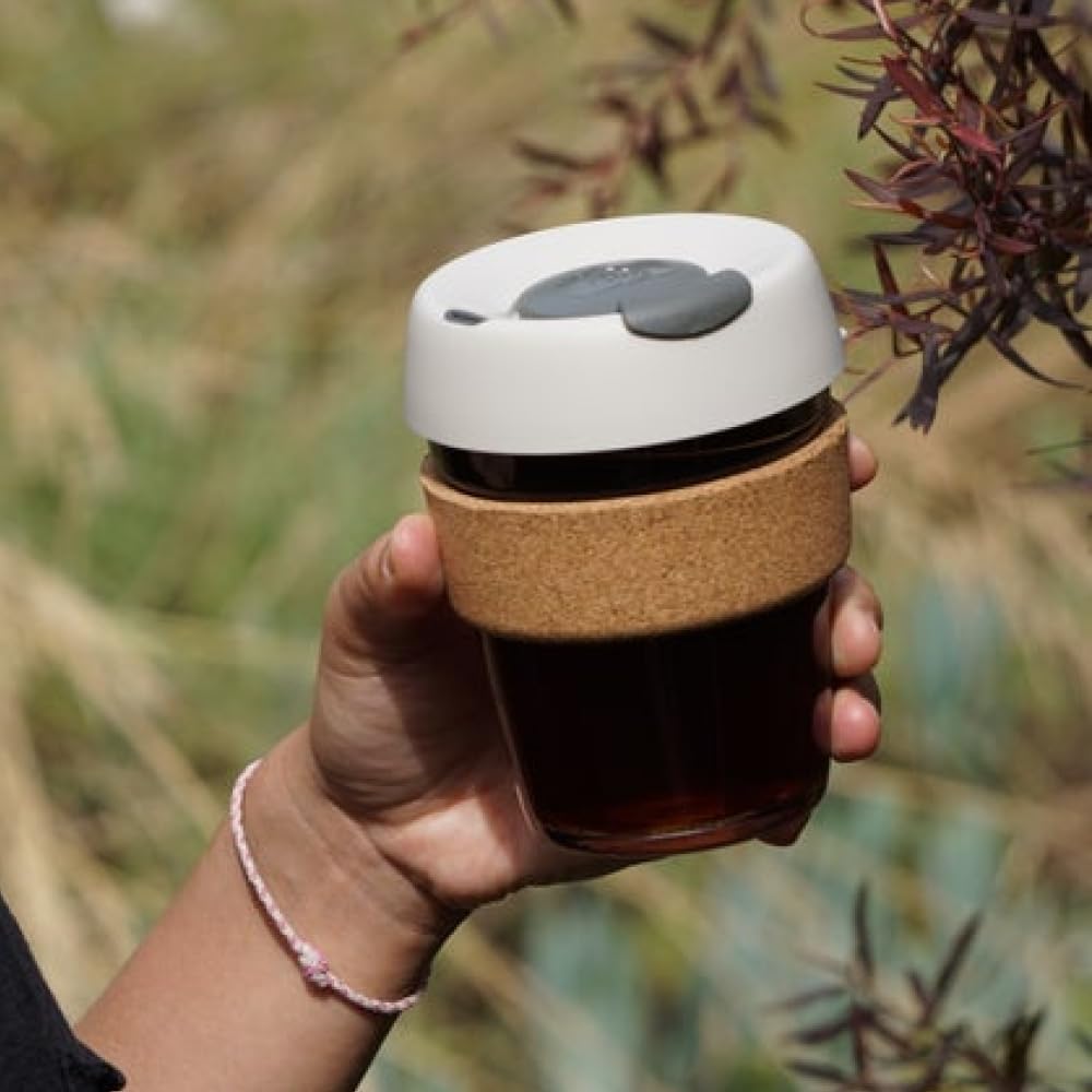 KeepCup Reusable Tempered Glass Coffee Cup - Splash Proof Lid, Cork Band | 12oz/340ml | Filter