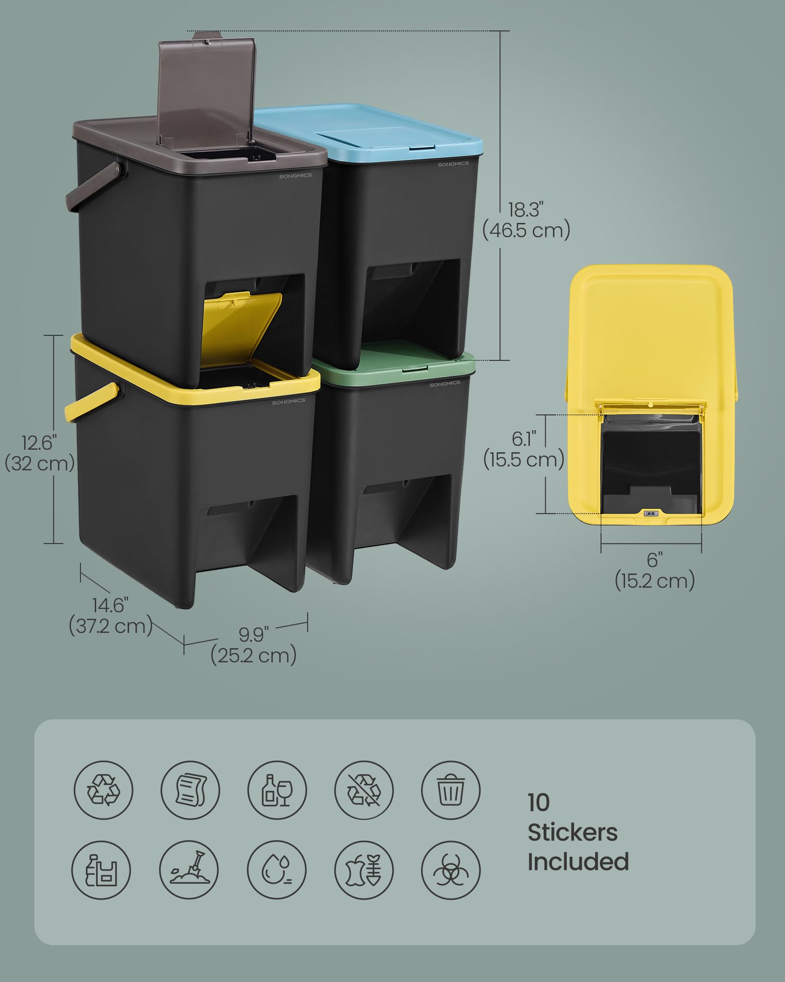 SONGMICS Waste Separation System - 4 Stackable 20L Bins, Color-Coded, Press-to-Open Lids 3