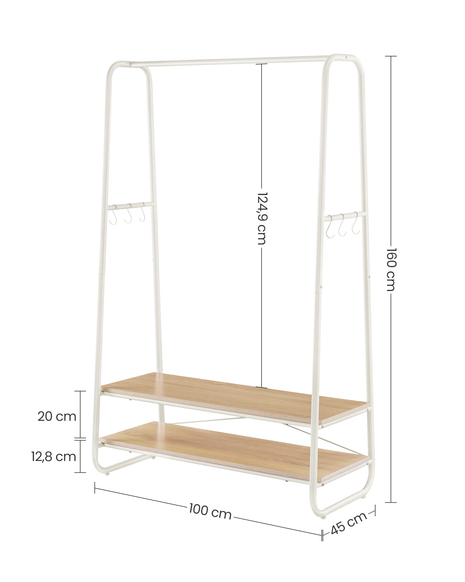 VASAGLE Clothes Rail with 2 Shelves and 6 S-Hooks | Oak + Cream White | 45 x 100 x 160 cm 7