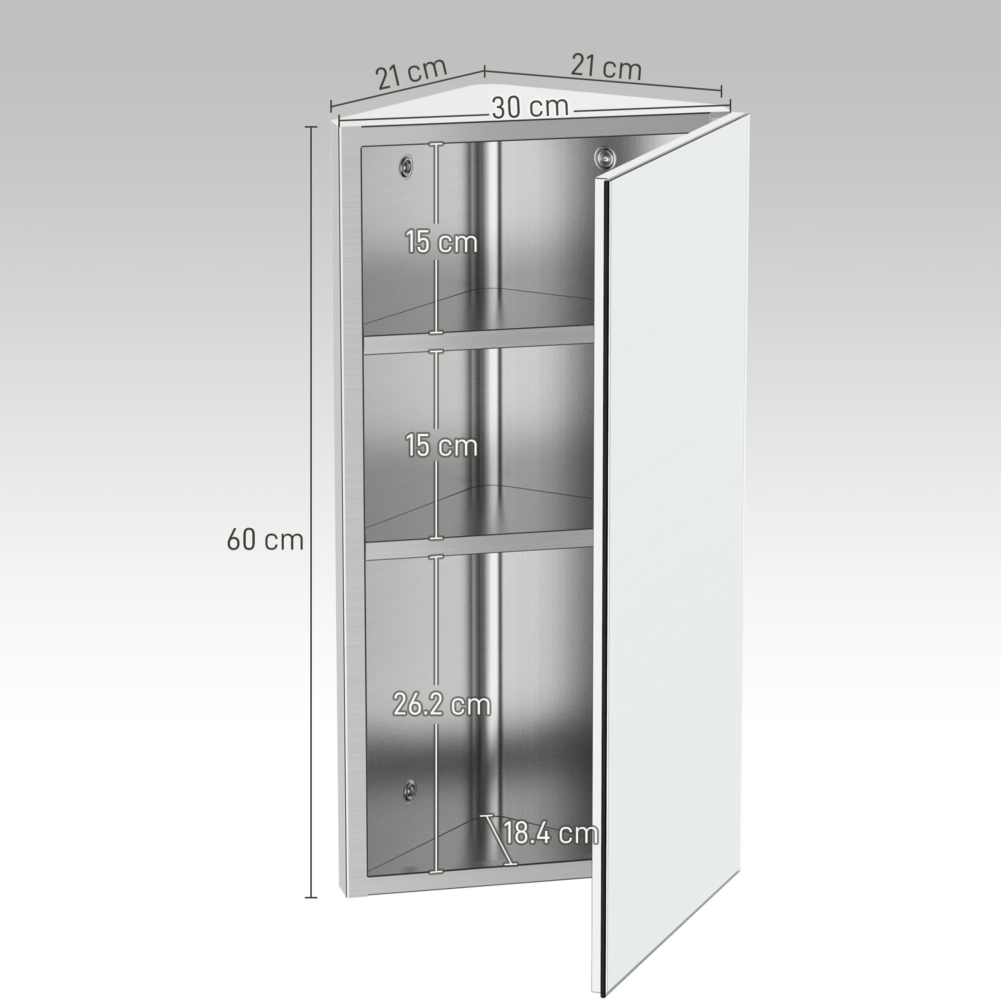 HOMCOM Wall Mount Corner Mirror Cabinet - Stainless Steel | 3 Shelves | Space Saving 3