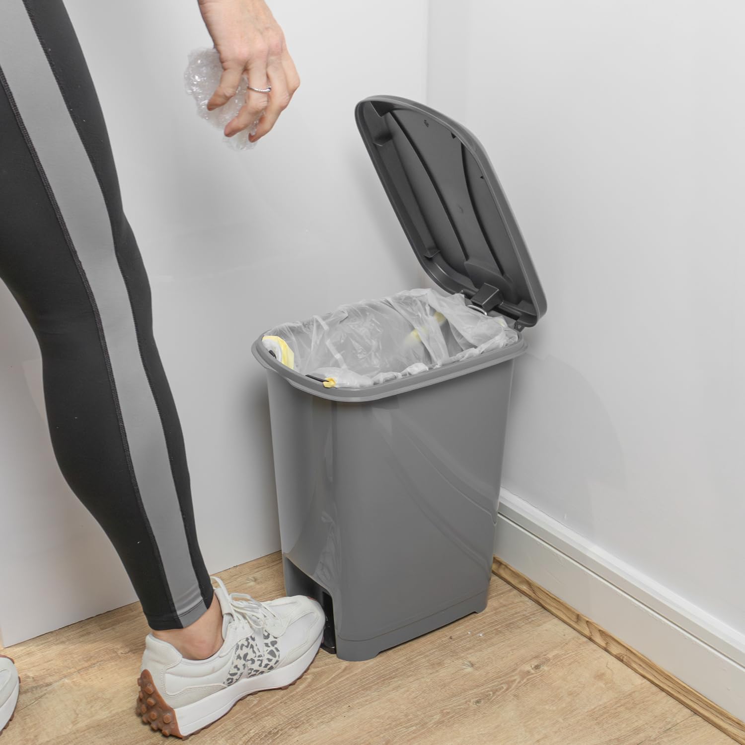 JVL Slim Plastic Lidded Foot Pedal Waste Bin - 15L Capacity | Grey | BPA Free 2
