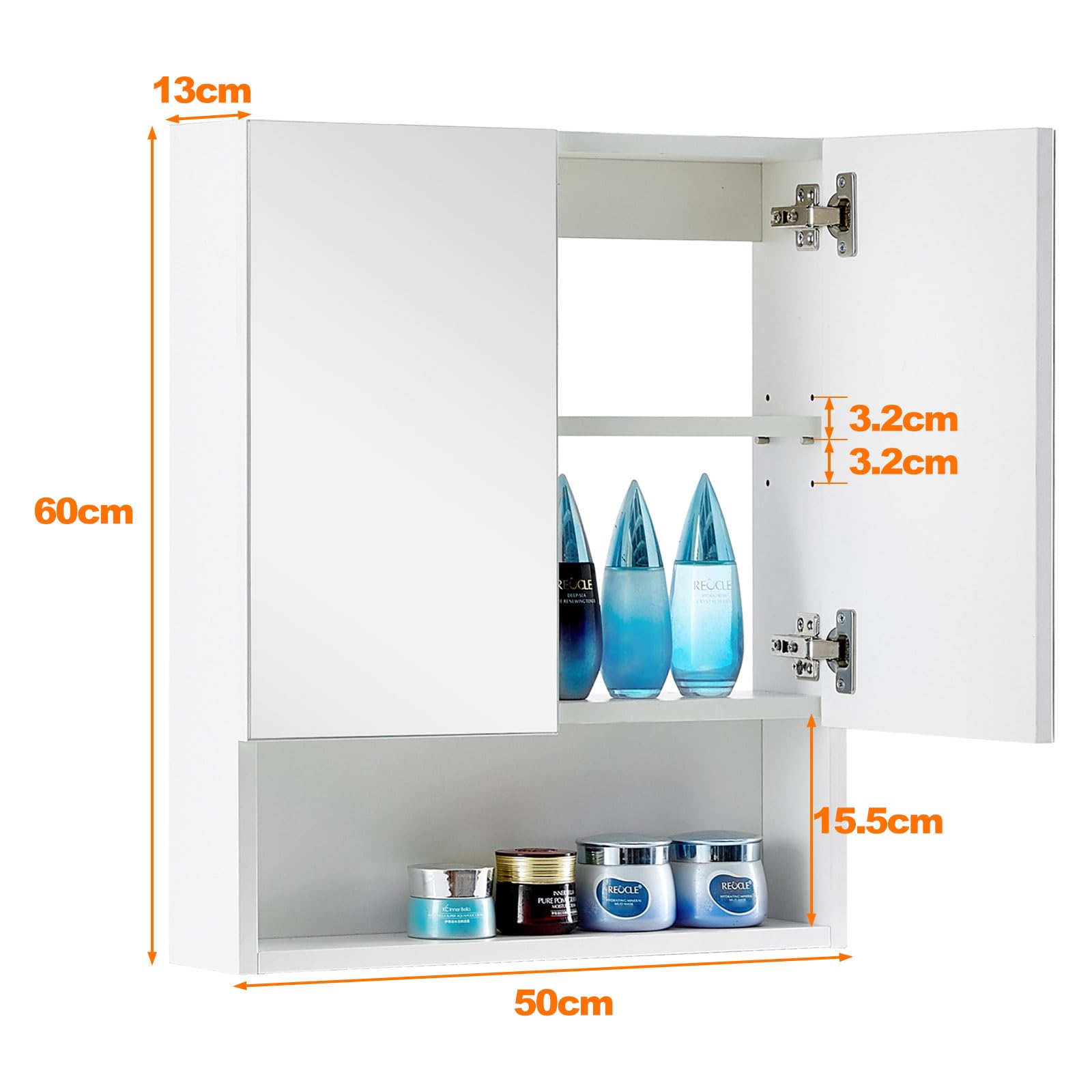 TUKAILAi 2-Door Wall Mounted Bathroom Mirror Cabinet with Adjustable Shelves | White | 50x60x13cm 3