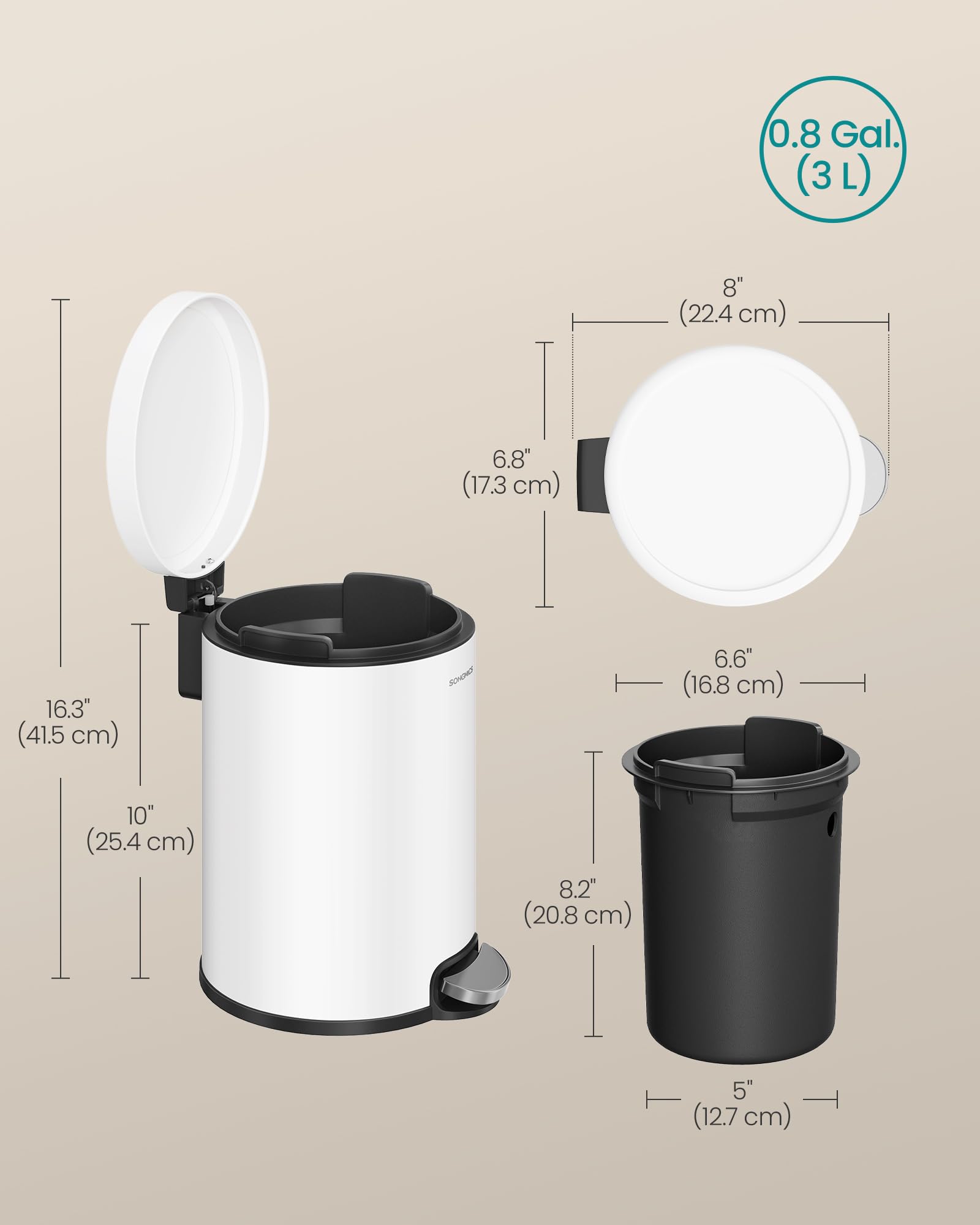 SONGMICS Bathroom Pedal Bin - 3 L Capacity | Soft-Close Lid | Cloud White Steel 7