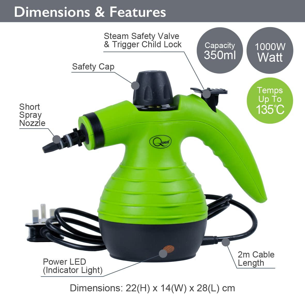Quest Handheld Steam Cleaner - Powerful Chemical Free Multi Surface Cleaning | 1000W | 135°C Max Temp 2