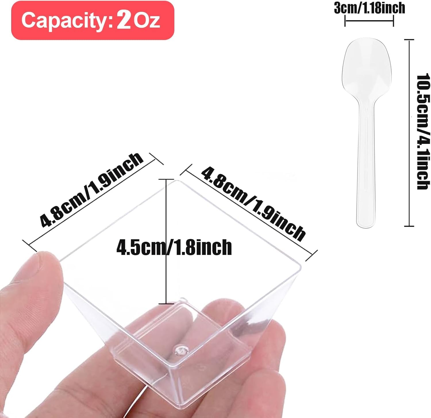 Woobroo Dessert Cups - 50 Pack Mini Square Pots 2oz/60ml Reusable Clear | Includes Spoons 3