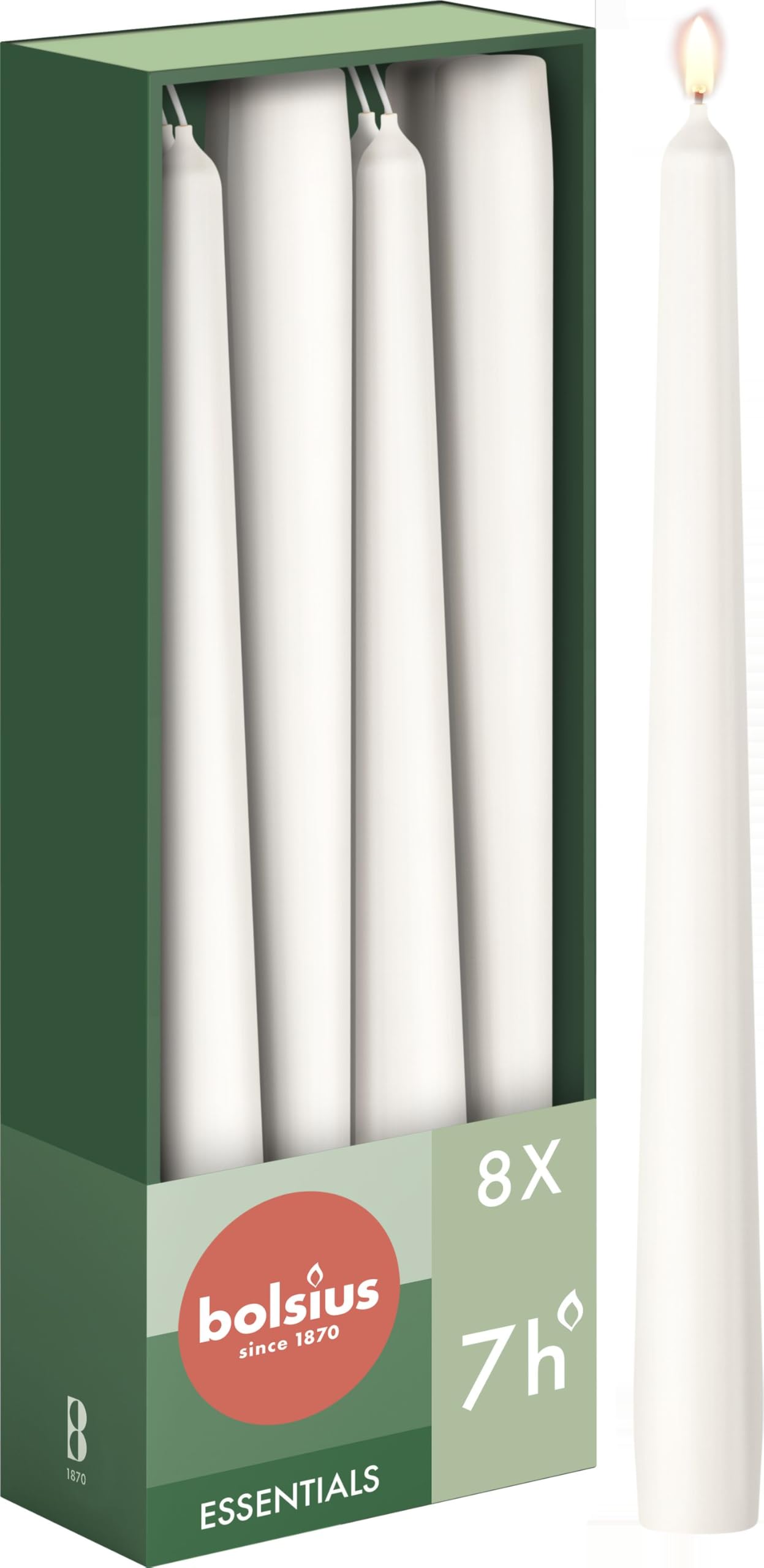 BOLSIUS Tapered Dinner Candles - White - 8 Pack - 24.5 cm - 7 Hour Burn Time - Unscented Vegan Wax
