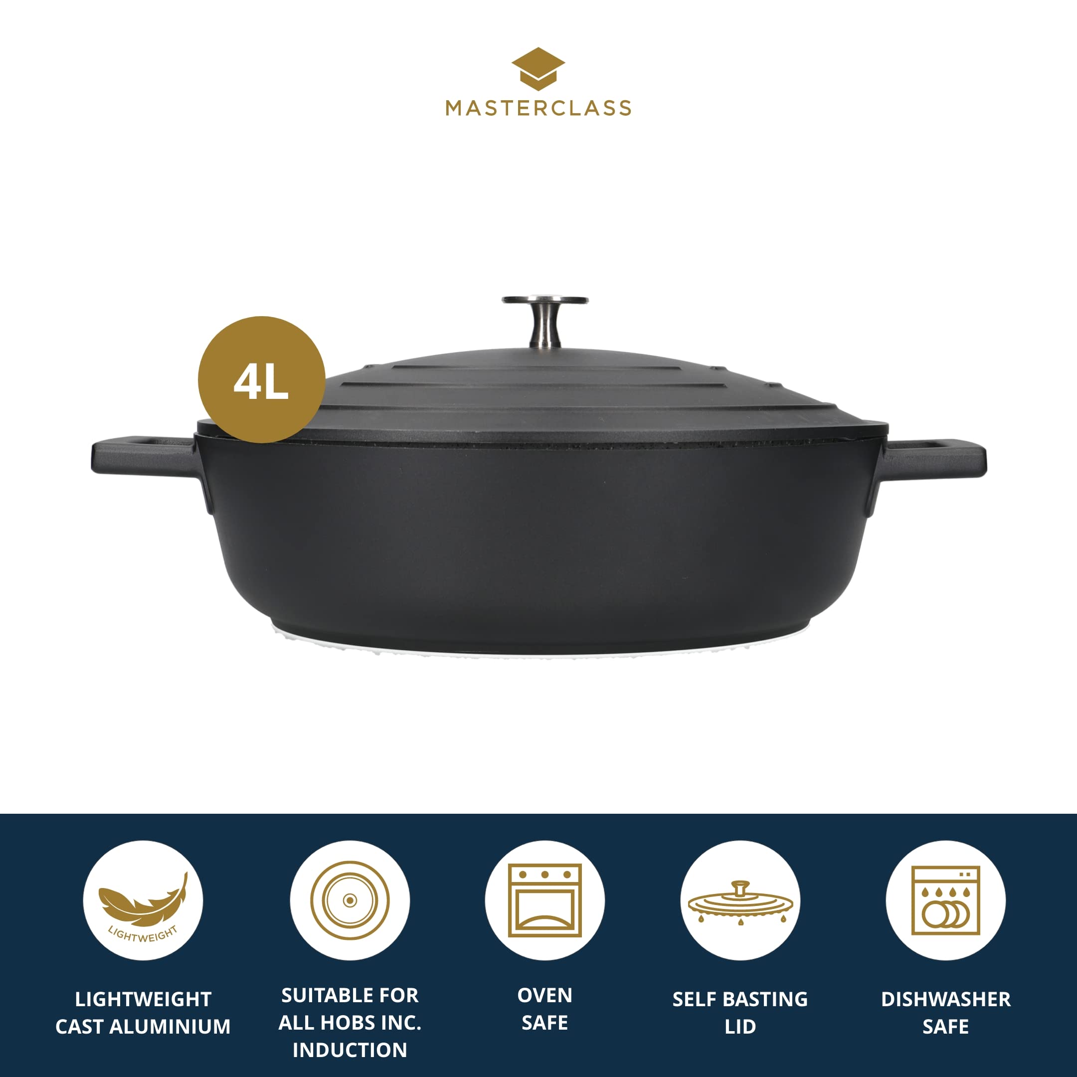 MasterClass Shallow Casserole Dish with Lid - 4L/28 cm, Lightweight Cast Aluminium, Induction Safe 3