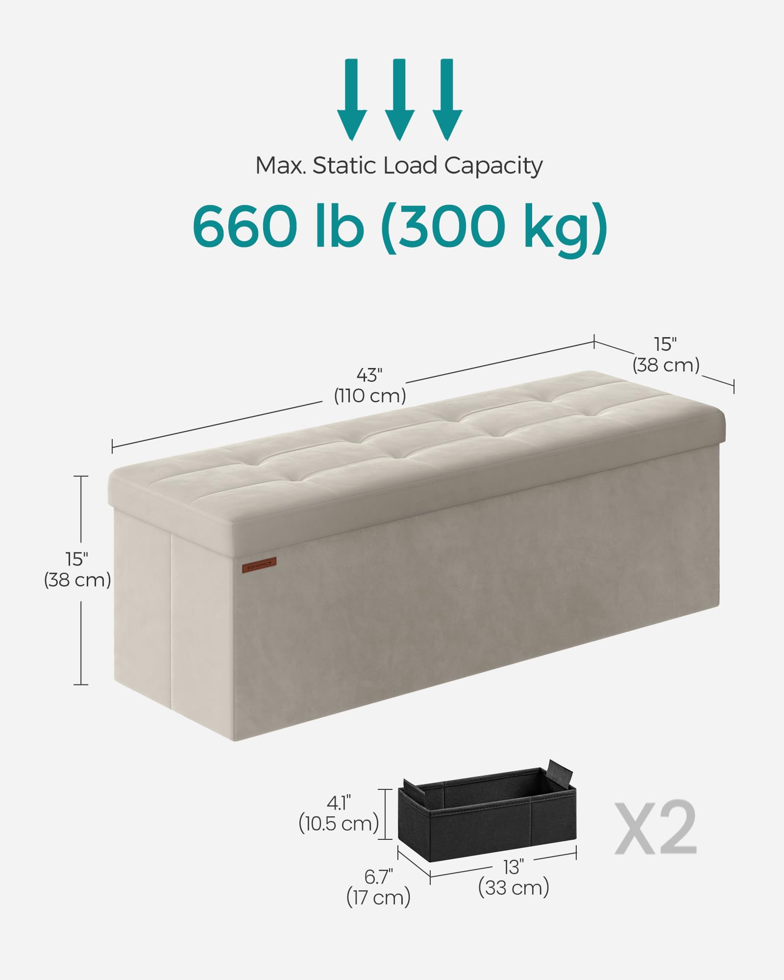 SONGMICS Storage Ottoman - Foldable Bench with 131L Capacity | Cream White | 38D x 110W x 38H cm 3