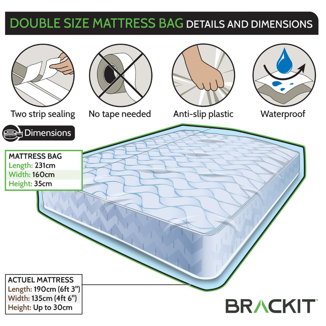 brackit Double Size Mattress Bag - Waterproof Protector for Moving & Storage | 231x160x35cm