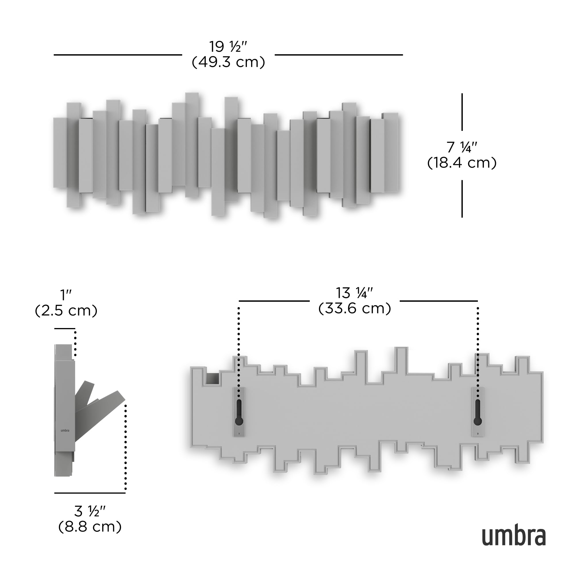 Umbra Sticks Wall-Mounted Coat Rack Rail Hook - 5 Retractable Pegs | Grey Plastic | Modern Design 3
