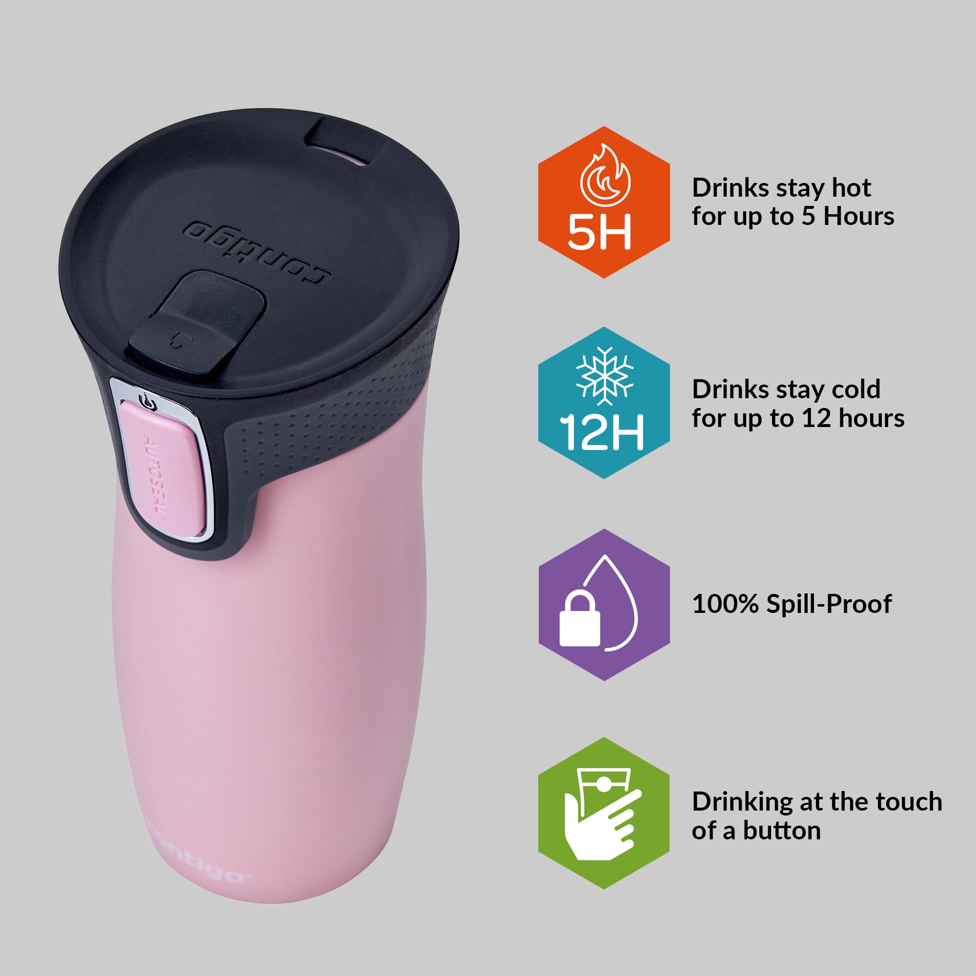 Contigo West Loop Autoseal Insulated Travel Mug - 470 ml, Millennial Pink | Leak Proof 3