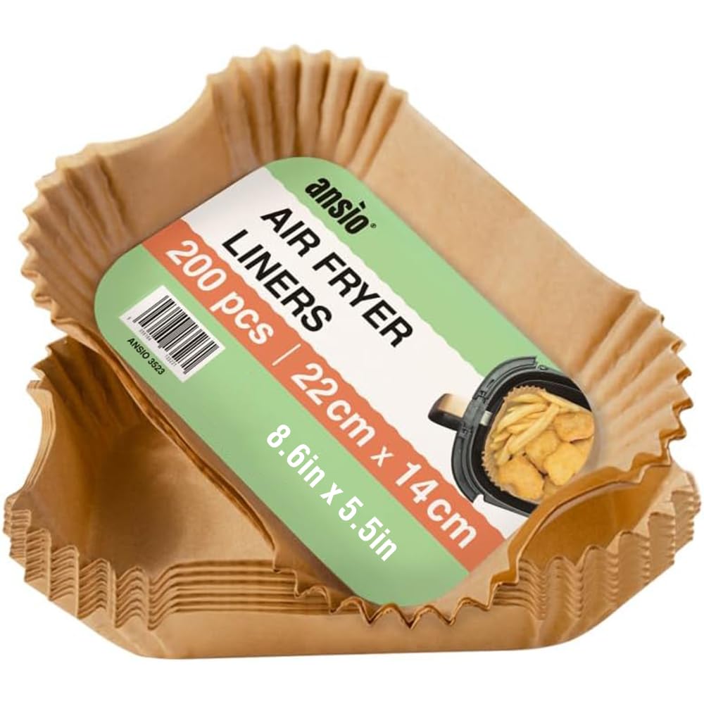 ANSIO Air Fryer Paper Liners - 200 PCS Rectangle Disposable Liners for Dual Zone Fryers | 22cm x 14cm x 4.5cm Inner Fit