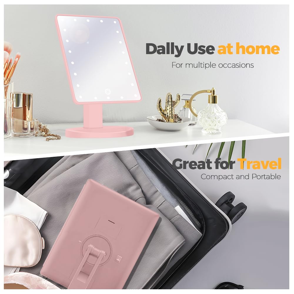Woobroo Makeup Vanity Mirror with 22 LED Lights | 10X Detachable Magnification | Touch Sensor Dimming | Pink 6