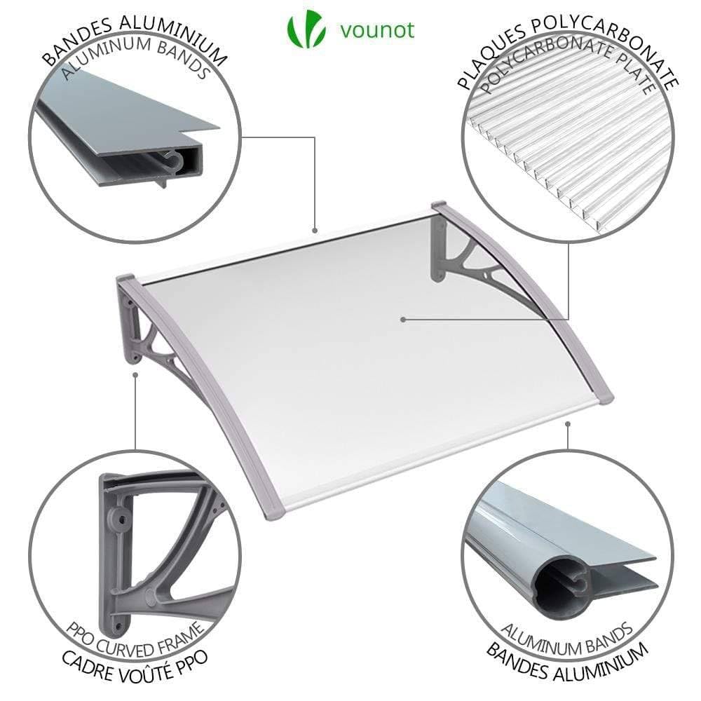 VOUNOT Outdoor Door Canopy Awning - Polycarbonate Shelter for Front Door, Porch | 100 x 80 cm Grey 6