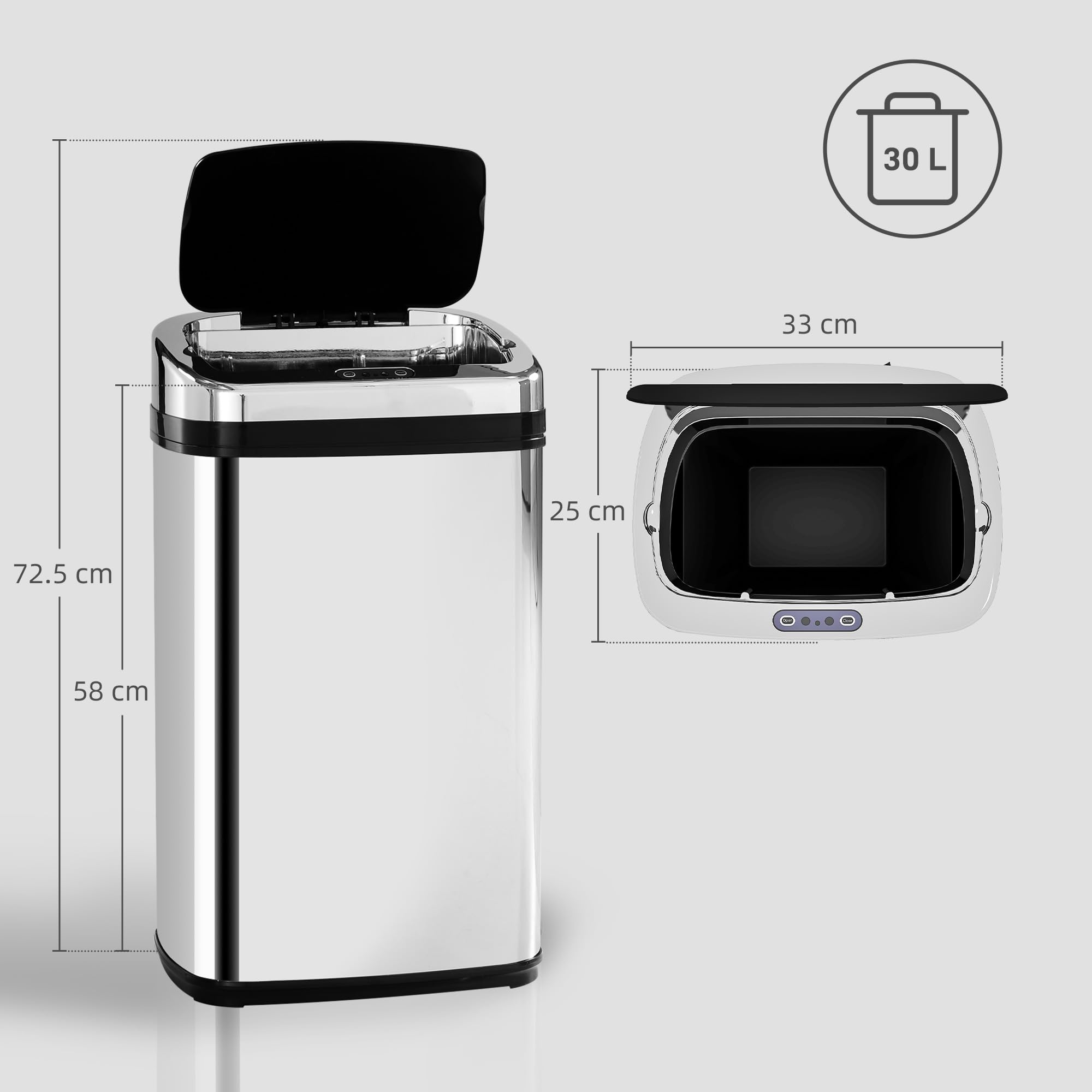 HOMCOM 30L Automatic Sensor Bathroom Bin - Stainless Steel | Motion Activated | Medium Size 7