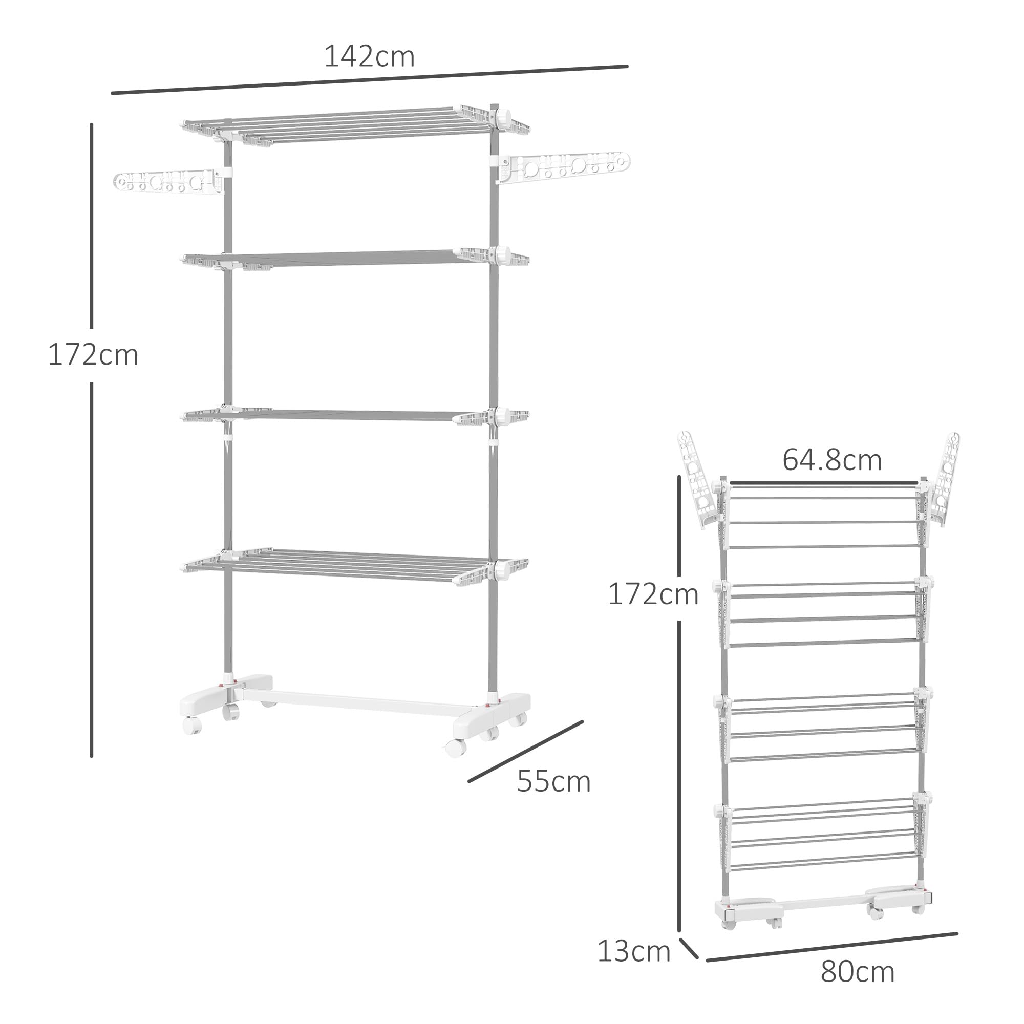 HOMCOM 4-Tier Stainless Steel Clothes Drying Rack | Foldable | Max Load 30kg | Wheeled 7