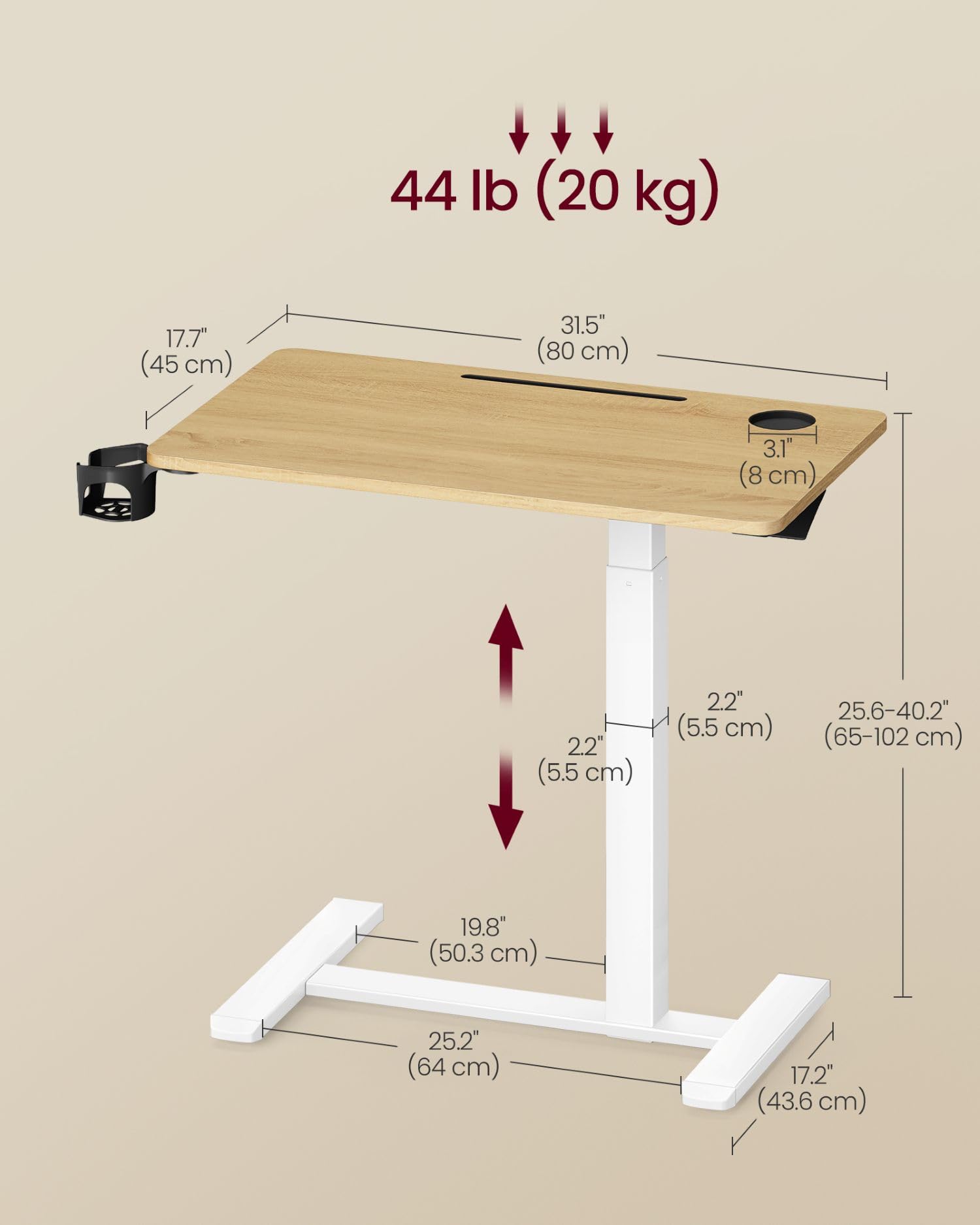 VASAGLE Adjustable Height Overbed Table with Wheels | 80 x 45 cm Top | Golden Oak 6