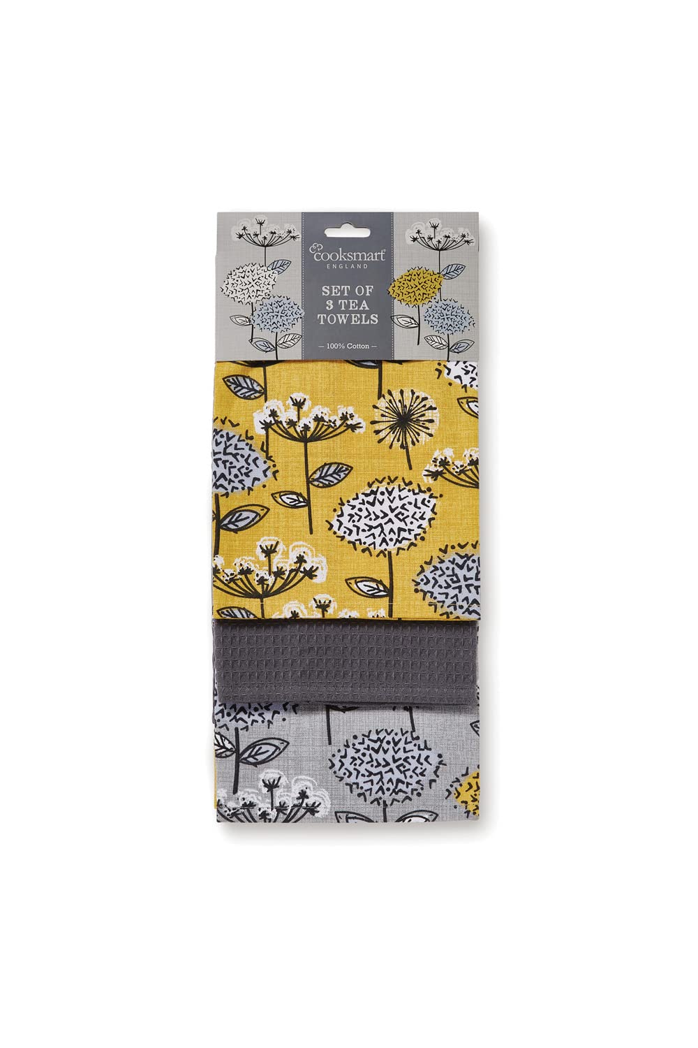 Cooksmart Pack of 3 Cotton Tea Towels - Super Absorbent | Mustard Color | British Designed 1